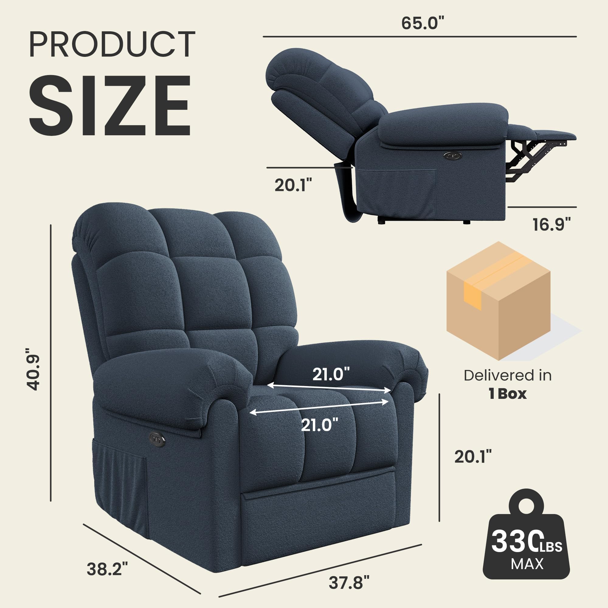 Electric Power Recliner Chair for Adults - Adjustable Reclining Sofa with USB Charging Port | Ultra Soft Teddy Fleece Fabric | Easy Tool-Free Assembly | Blue Gray Living Room Recliner for Relaxing, Watching TV & Napping