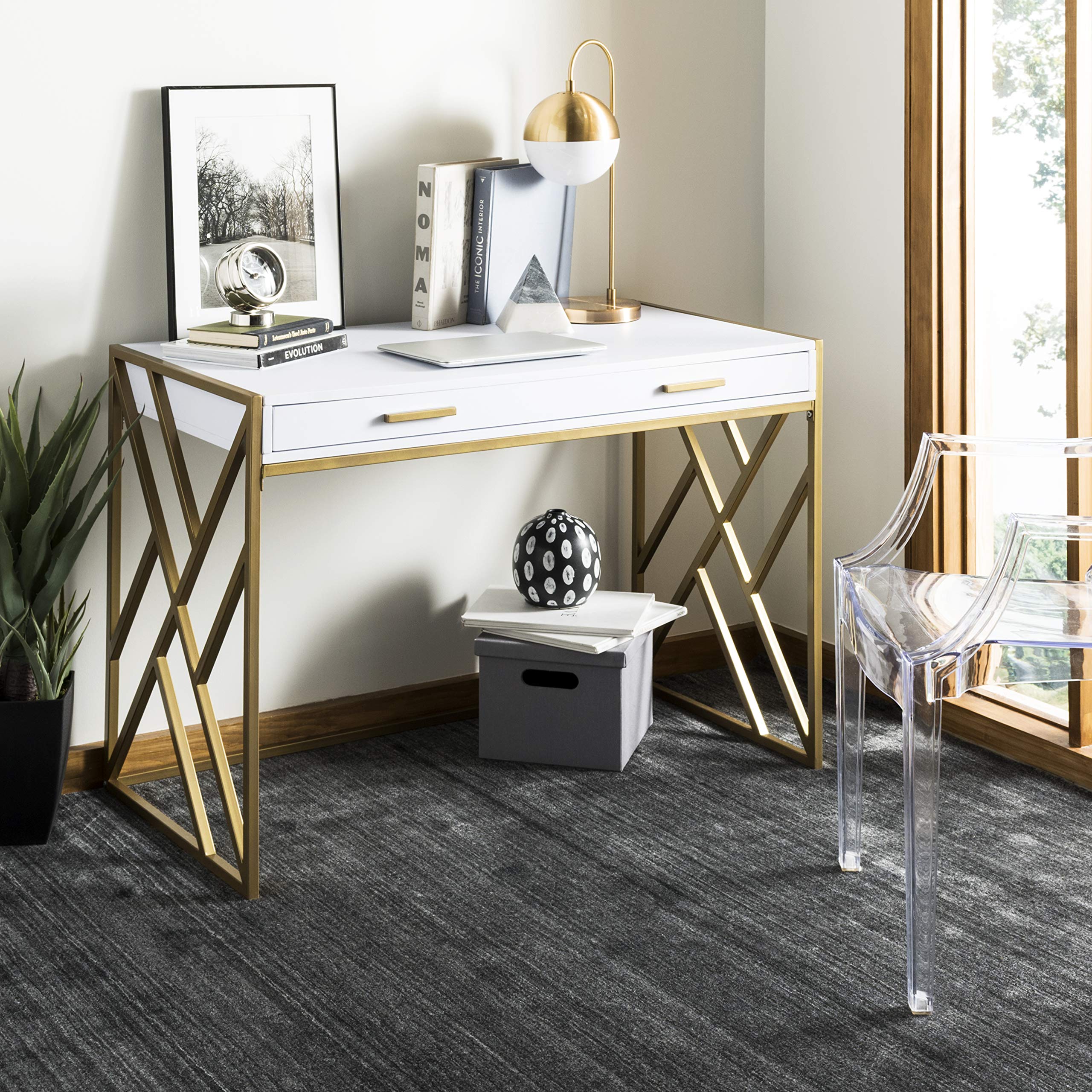 Modern White and Gold 1-Drawer Desk for Home Office - Safavieh Elaine Collection | Perfect for Small Spaces, Work from Home & Study Rooms