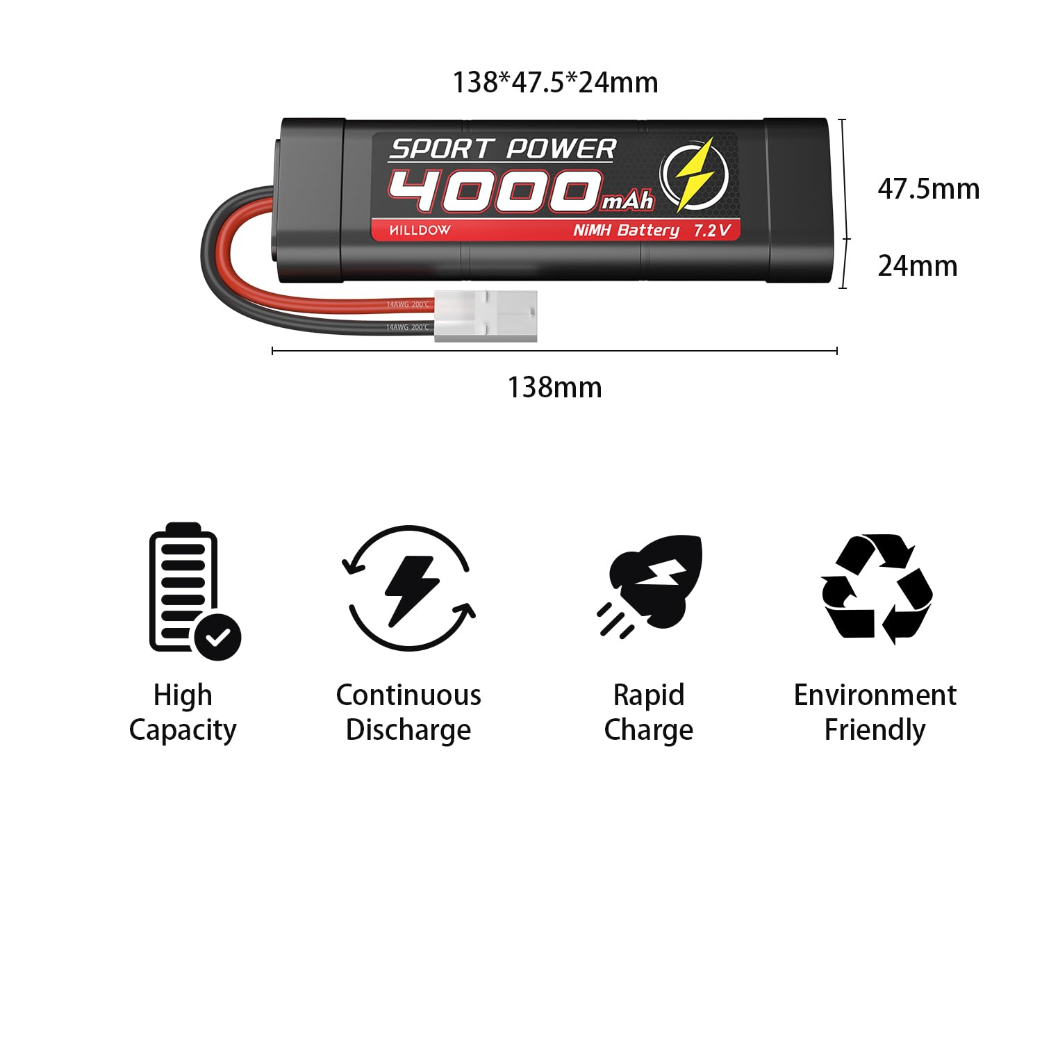 2S 7.2V 4000mAh NiMH Rechargeable Battery with TMY Plug for RC Trucks - Compatible with HPI, Losi, Kyosho RC Models (2 Pack) - Perfect for Off-Road Bashing, Crawling and RC Racing
