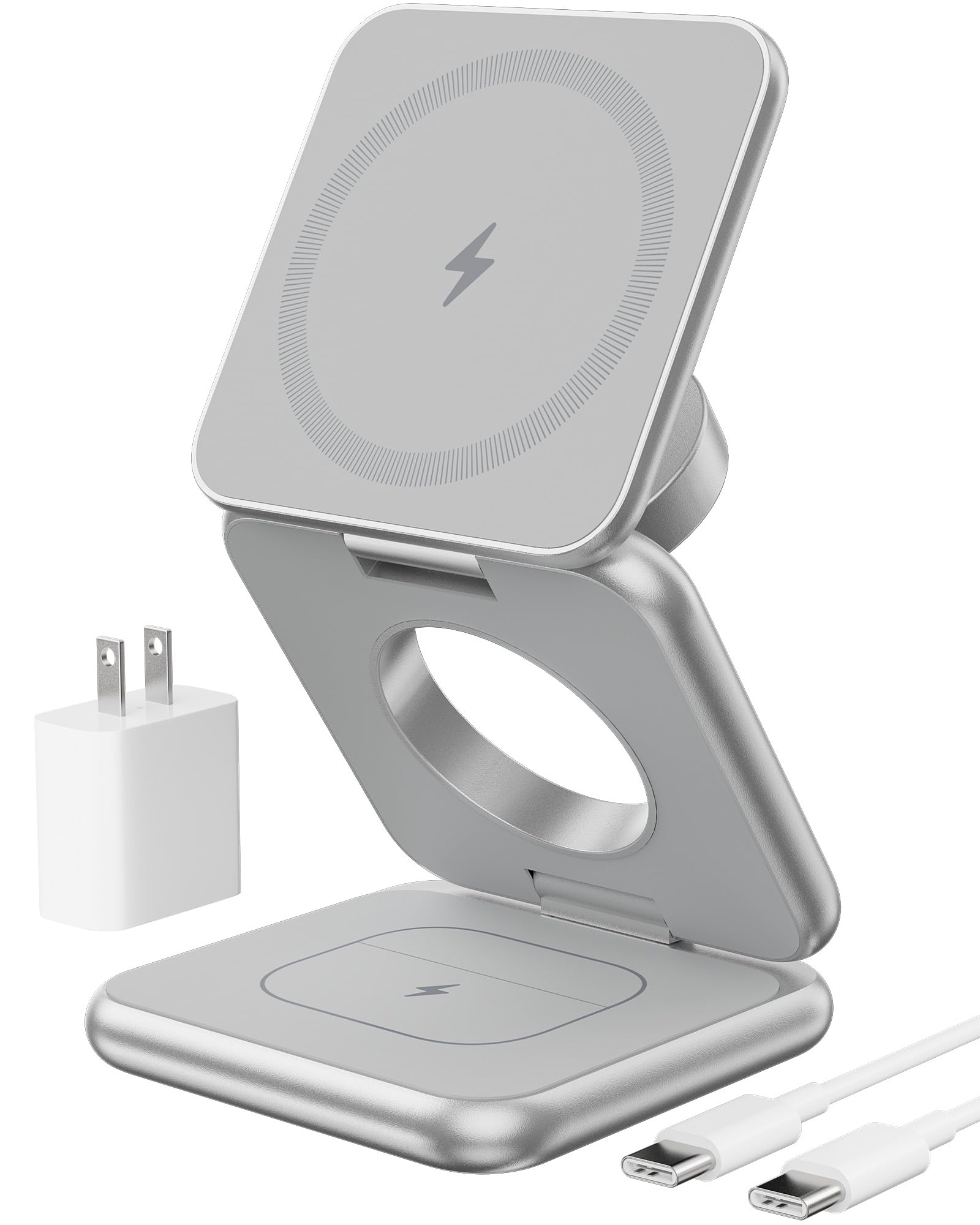 3-in-1 Foldable Magnetic Wireless Charging Station - 15W Fast Mag-Safe Charger for iPhone 14/13/12 Pro Max, AirPods 3/2/Pro & Apple Watch - Aluminum Alloy Stand with Adapter (Silver) | Perfect for Home, Office & Travel Charging