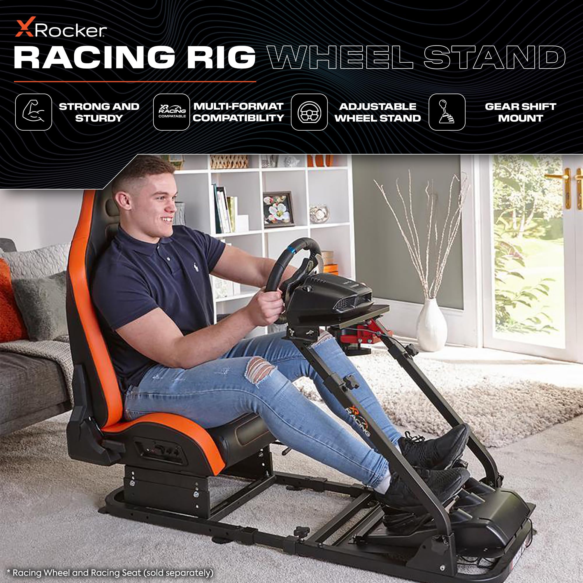 X-ROCKER Racing Wheel Stand - Adjustable Gaming Steering Wheel Stand with Gear Shifter for PS5, PS4, Xbox & PC - Perfect for Simulation Racing Games Like Forza & Gran Turismo