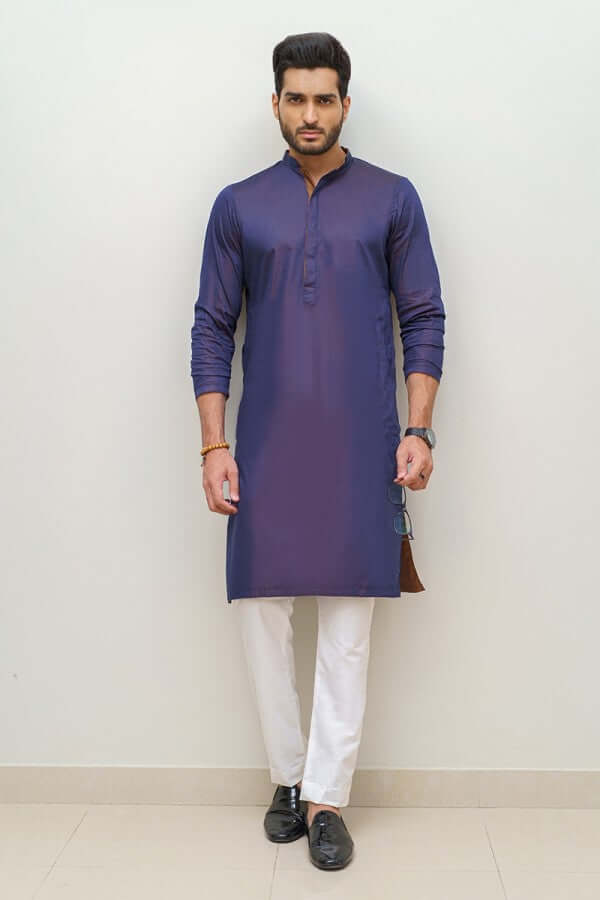 Stylish Blueish Purple and Brown Kurta with White Pyjama Set - Comfortable Ethnic Outfit for Festivals, Parties & Casual Wear