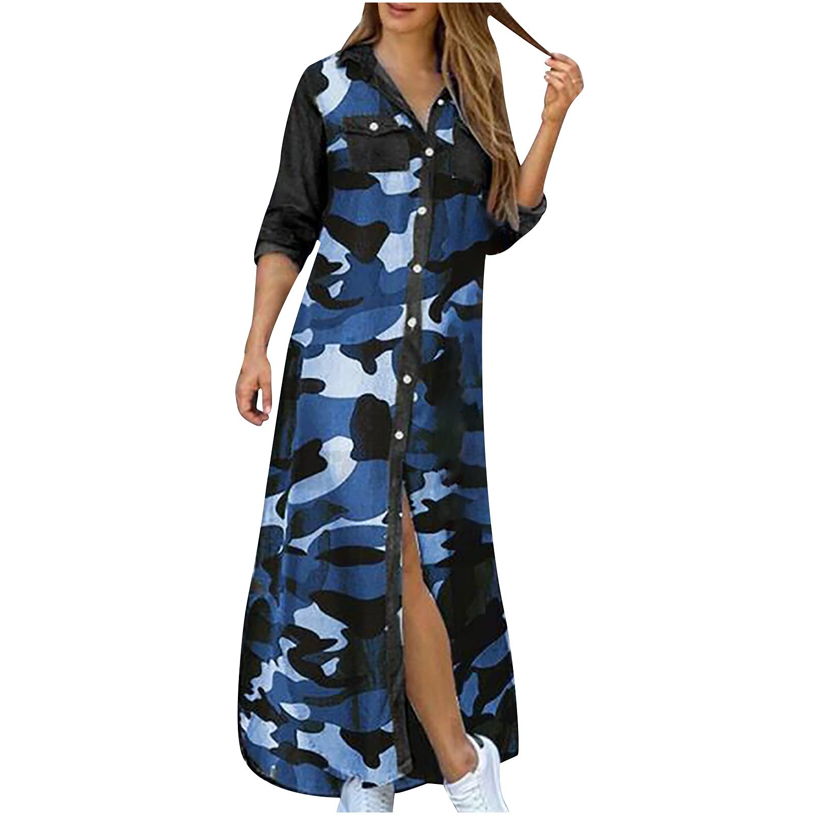 2022 Women's Casual V-Neck Color Matching Button Pocket Long-Sleeve Shirt Dress - Stylish & Comfortable for Work, Date, and Everyday Wear