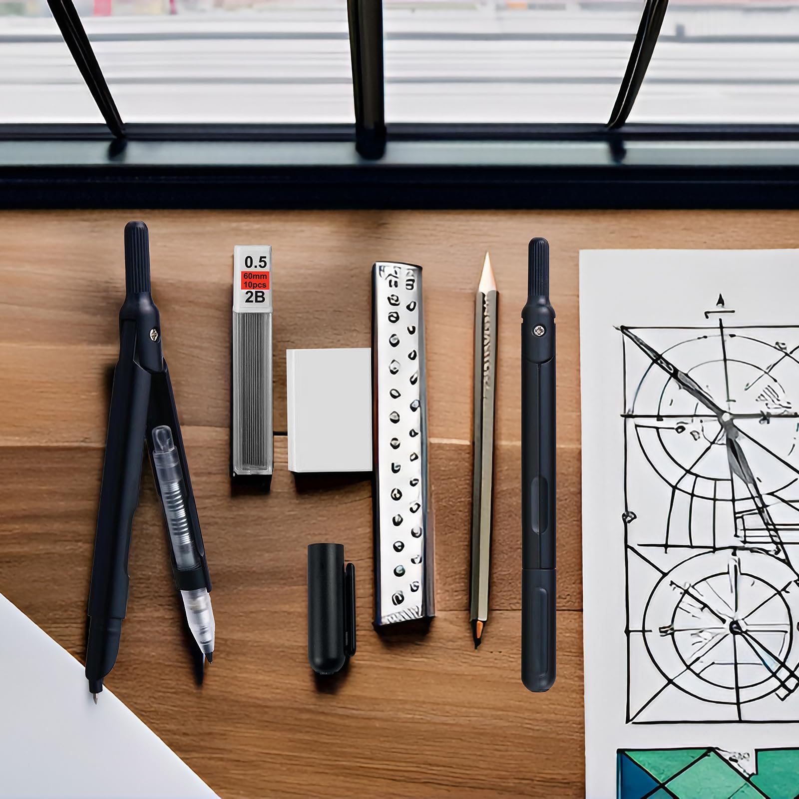 Premium Metal Compass for Geometry, Drawing & Woodworking - Professional Drafting Tool with Eraser & Lead Refills - Perfect for Students, Architects & DIY Projects - Ideal for Classroom, Office & Workshop Use