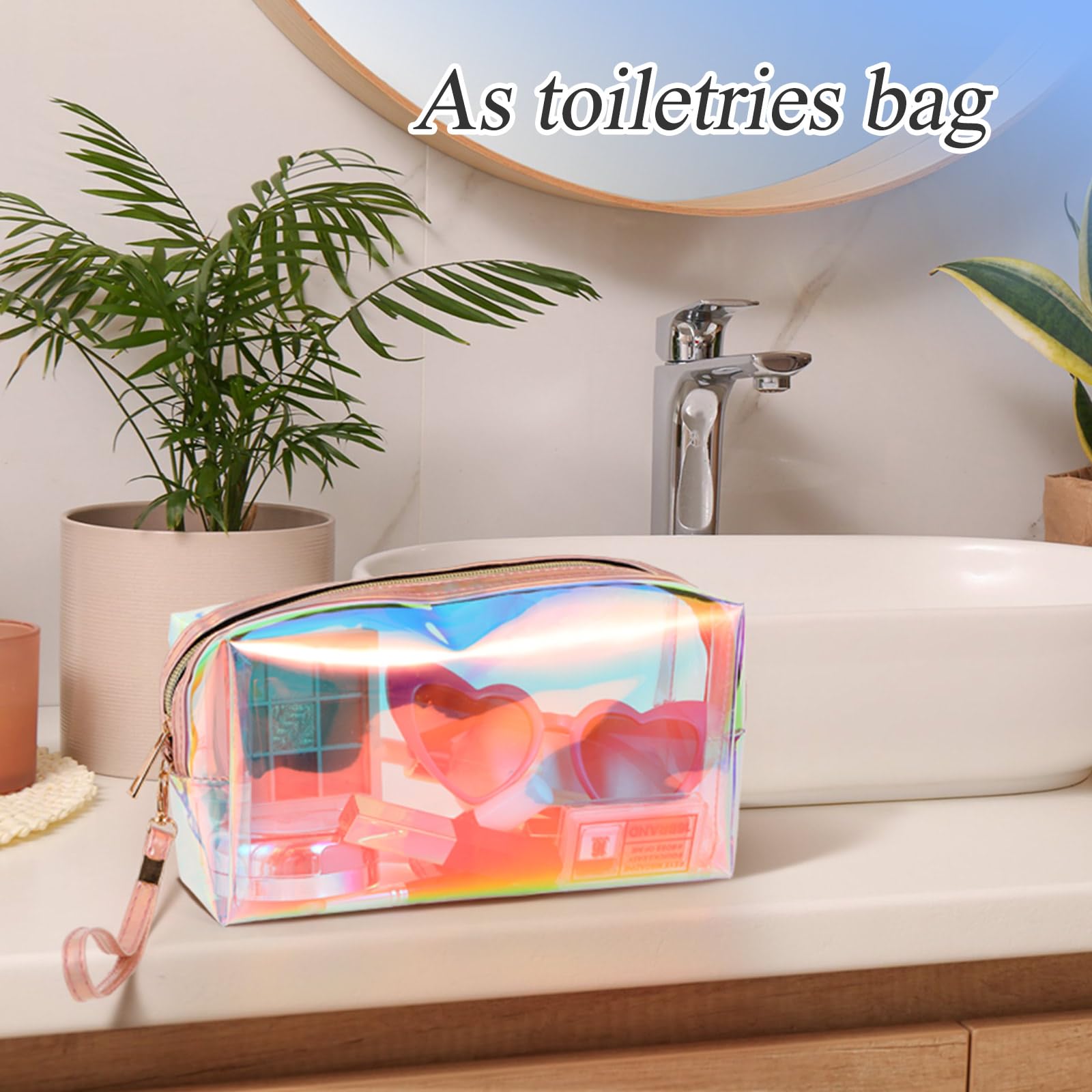 8 Pack Holographic Clear Makeup Bags with Zipper - Waterproof Travel Cosmetic Organizer, Iridescent Toiletry Pouch with Wrist Loop for Women - Perfect for Vacation, Gym, Office, Diaper Storage & Gift Giving (Large Size)
