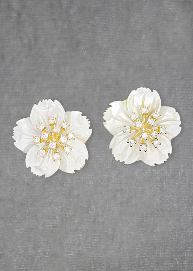 CHARLOTTE Mother of Pearl & Simulated Diamond Floral Wedding Earrings for Bride - Perfect for Bridal Showers, Weddings and Special Occasions