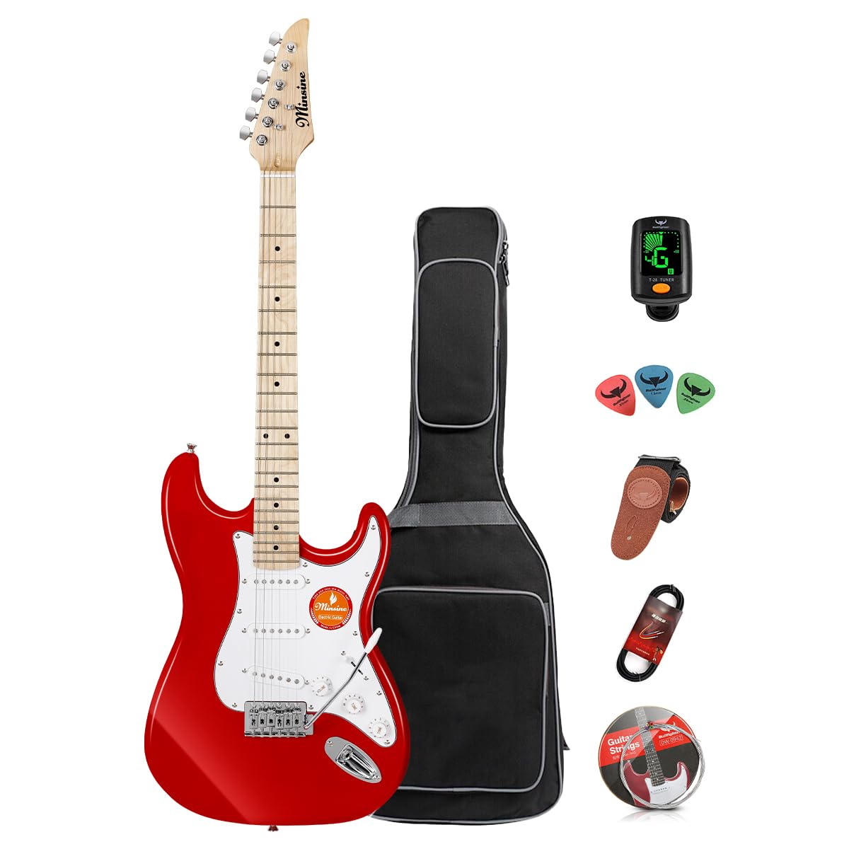 39 Inch Full Size Electric Guitar Kit with Solid Body, S-S-S Pickups & 6 Strings - Includes Gig Bag, Strap, Tremolo Arm, Cable & Picks - Perfect for Beginners & Practice (Red) - Ideal for Home Studio, Live Performances & Music Lessons