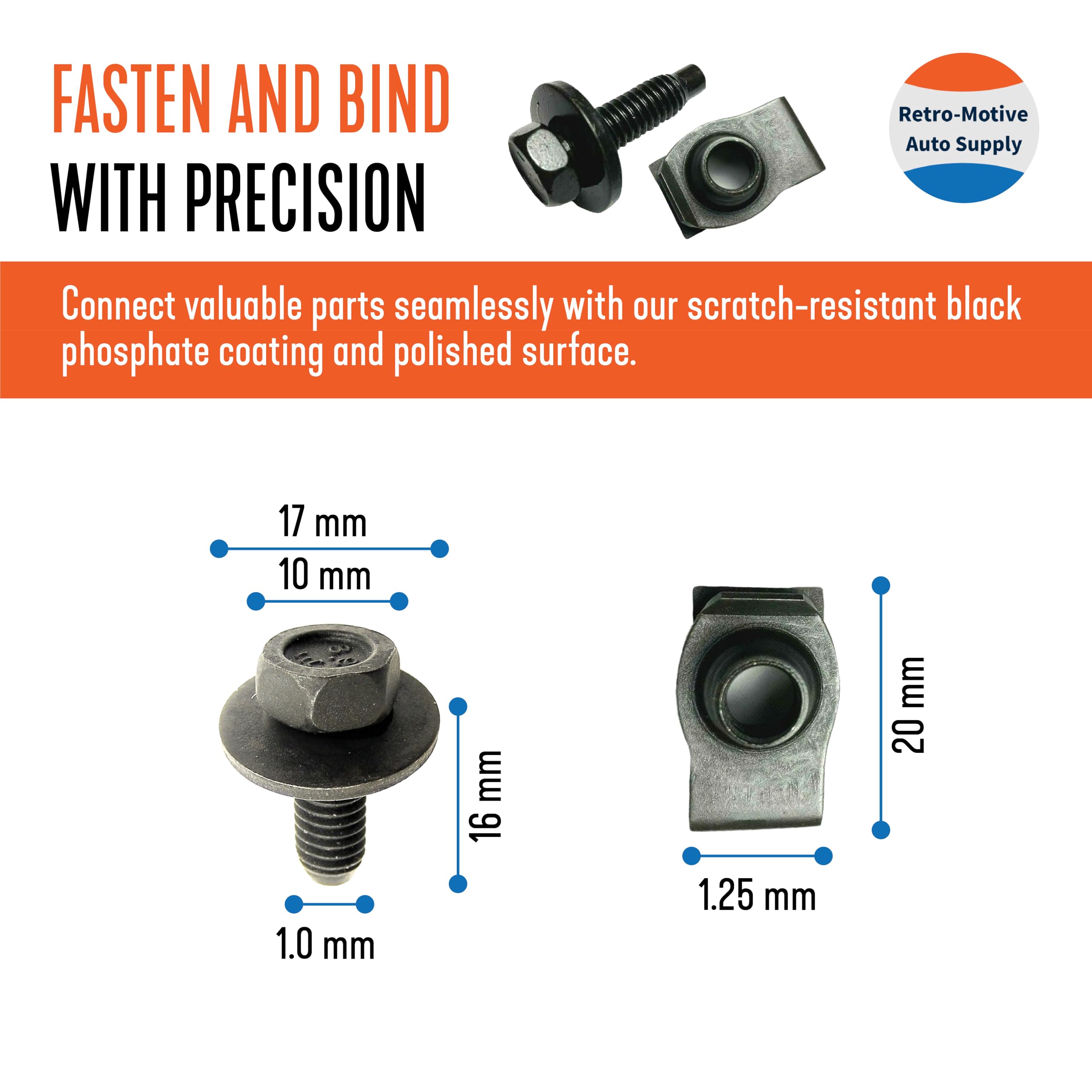 Body Bolts & Clips Kit - 10pc M6 Hex Head Bolts & 10 Replacement Clips - Black OE Spec Automotive Fasteners - Perfect for Car & Truck Body Panels, Bumpers, Fenders & Interior Trim Repair