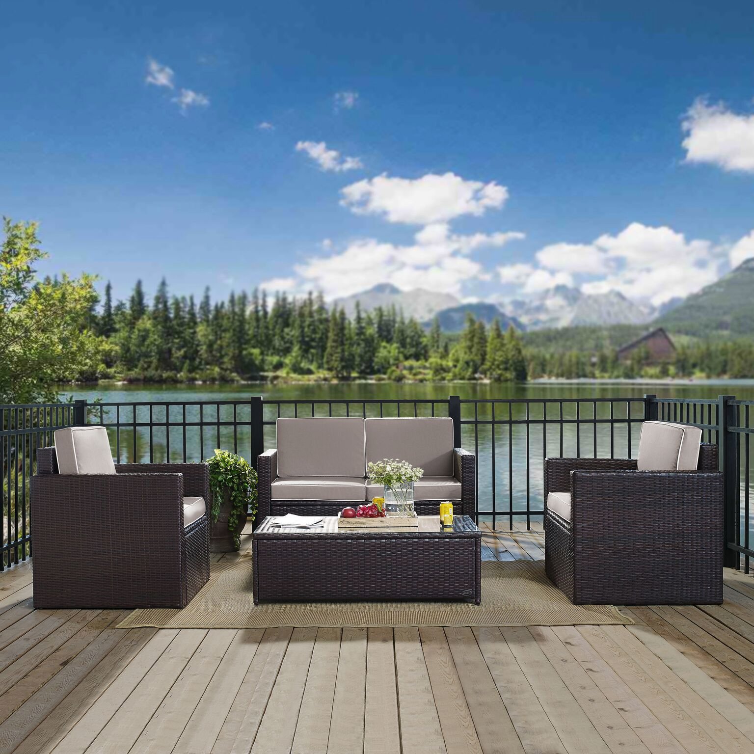 Crosley Palm Harbor 4-Piece Outdoor Wicker Loveseat Set with Gray Cushions - Patio Furniture Conversation Set for Garden, Backyard & Poolside Relaxation