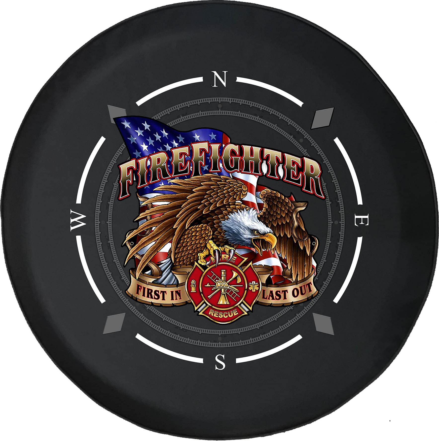 Premium Spare Tire Cover with Compass & Bald Eagle Design - Durable SUV, Trailer, RV Accessories for Firefighter & Rescue Enthusiasts - Perfect for Off-Road Adventures & Camping Trips