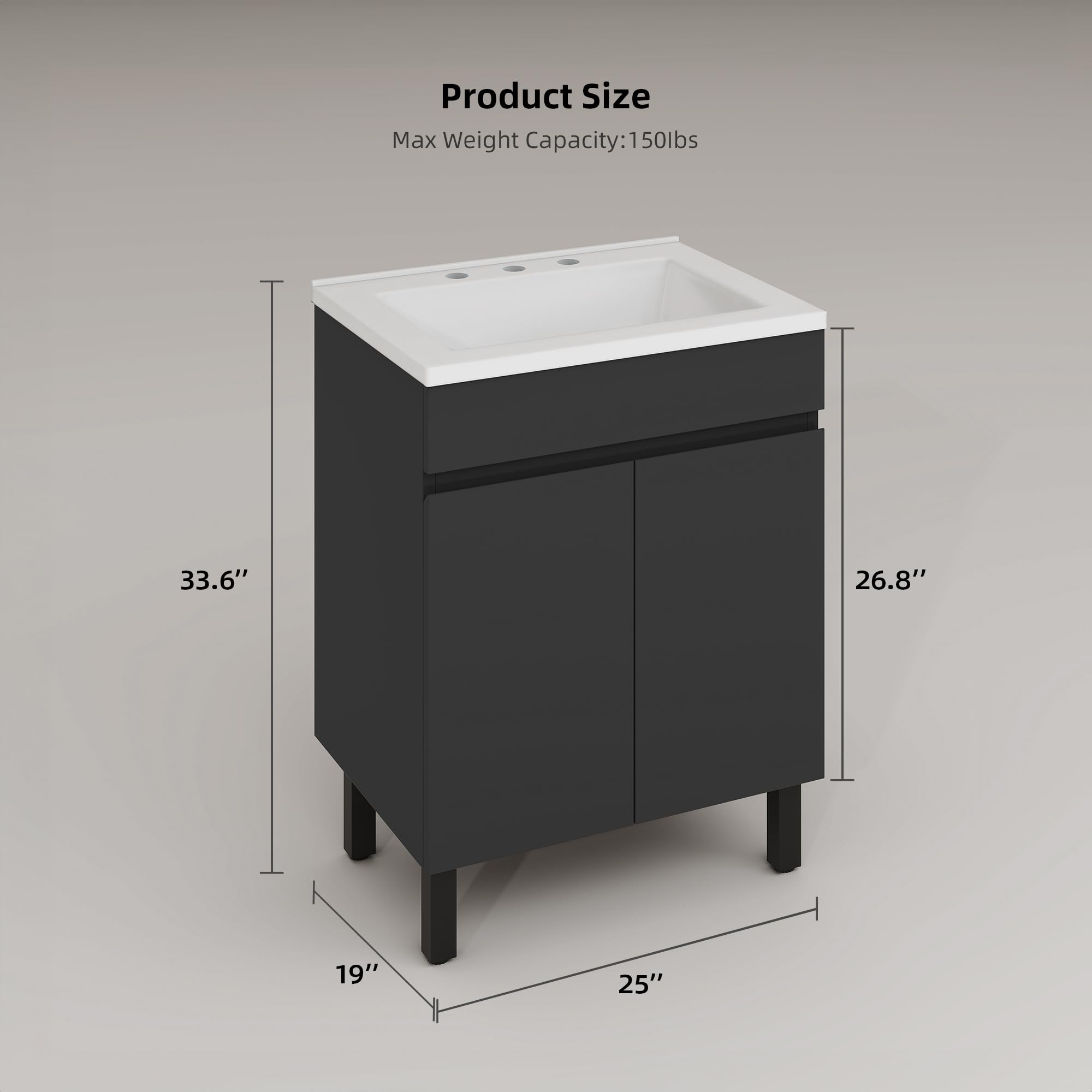 DWVO 24 Inch Black Bathroom Vanity with Undermount SMC Sink - Modern Small Bathroom Sink Cabinet with Adjustable Legs, 2 Soft Closing Doors & Drain - Perfect for Compact Bathrooms, Powder Rooms & Apartment Baths