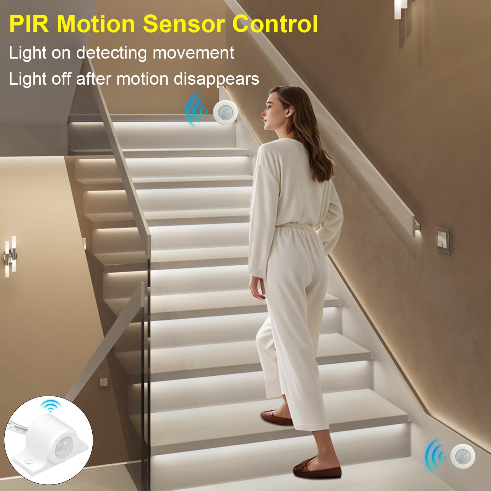 Motion Sensor LED Stair Light Kit with Main Wire - Easy Installation Daylight Sensor Step Lights, 6000K COB LED Strip for Indoor Stairs (16 Steps) - Perfect for Hallways, Basements & Bedroom Night Safety Lighting