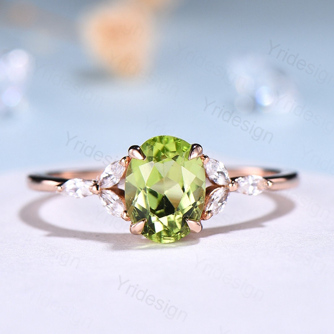 Natural Peridot Engagement Ring for Women - Oval Green Peridot Vintage Ring in Rose Gold, August Birthstone Bridal Promise Ring | Perfect for Weddings, Anniversaries & Special Occasions
