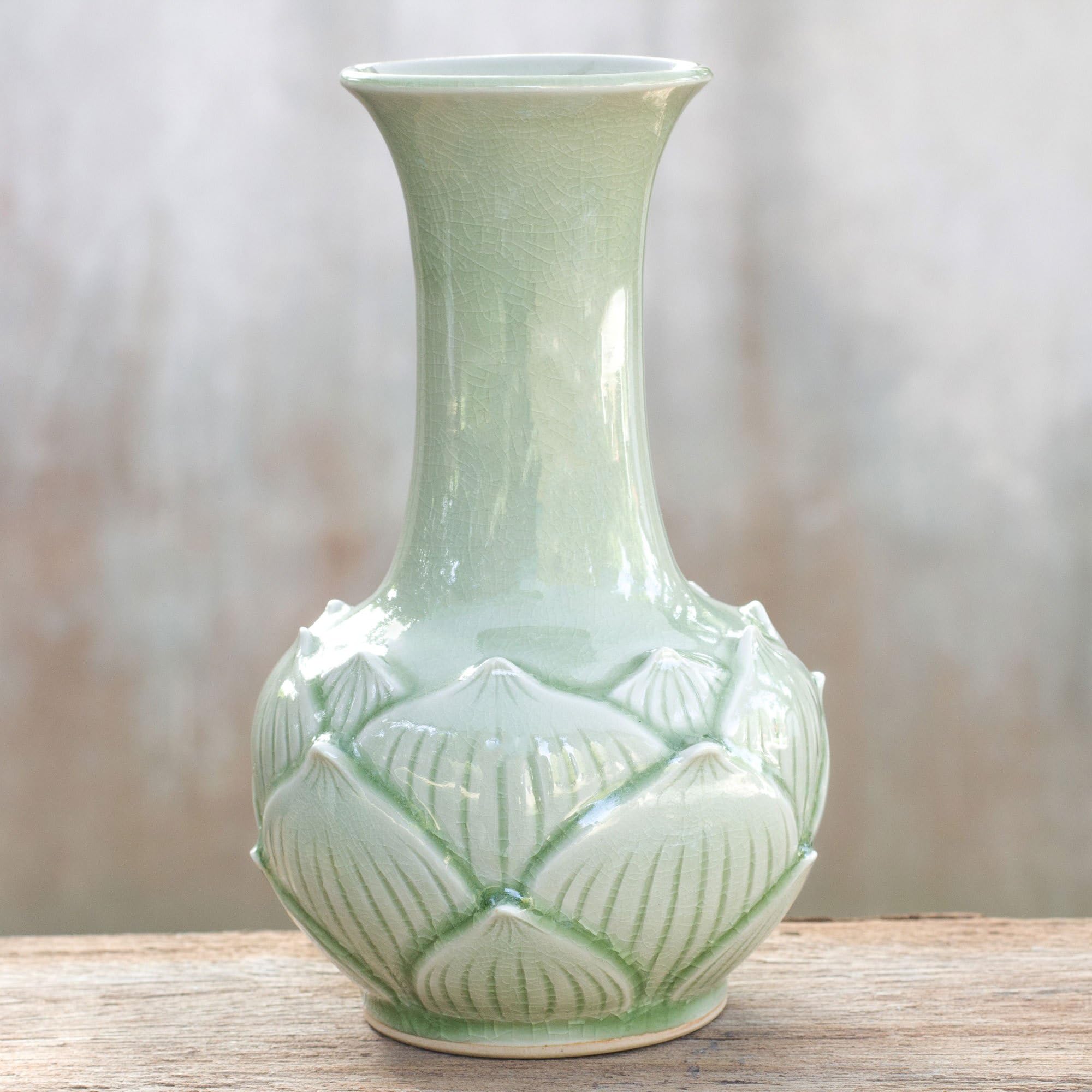 NOVICA Handcrafted Floral Celadon Ceramic Vase - Elegant Green 'Jade Lotus' Design - Perfect for Home Decor, Wedding Centerpieces & Gift Giving