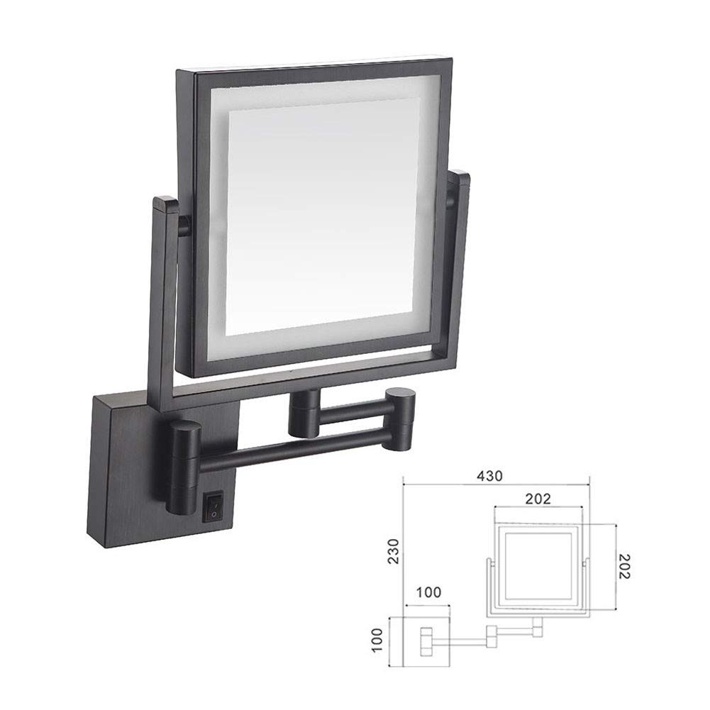 3X Magnifying LED Makeup Mirror with 360° Swivel & Extendable Arm - Wall Mount Vanity Mirror with USB Charging, Square Black for Bathroom & Dressing Room