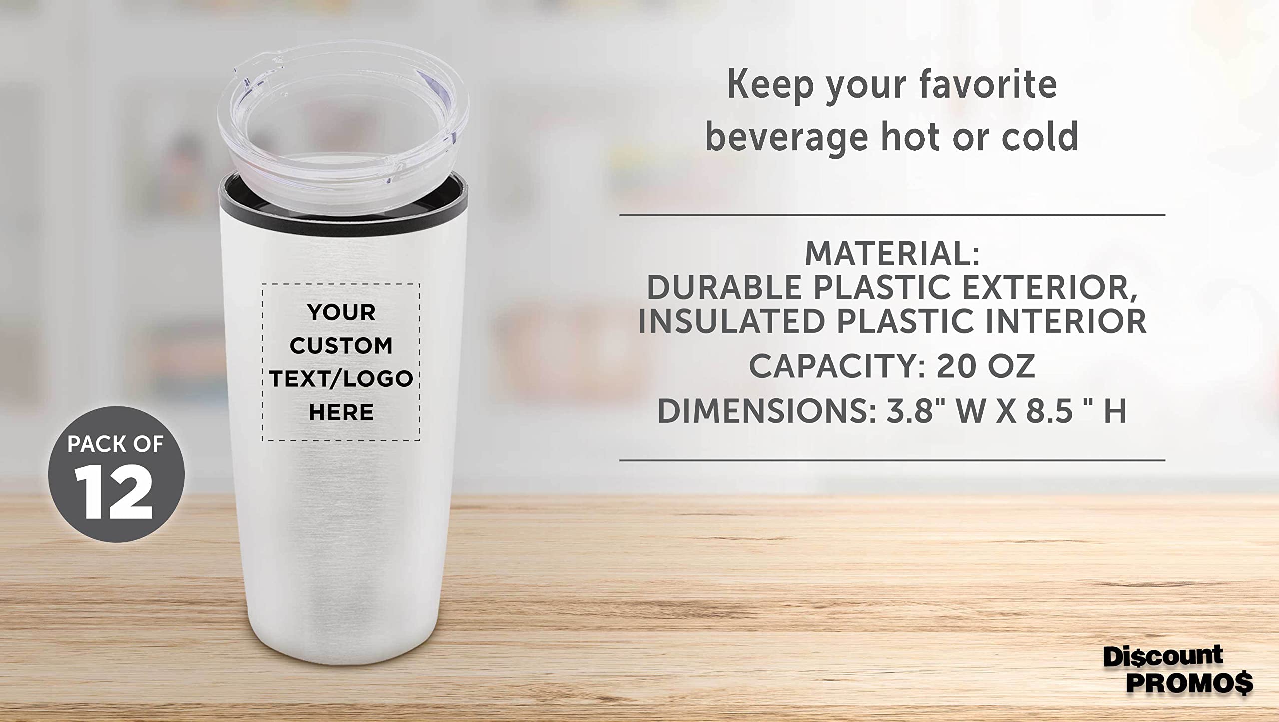 12-Pack Custom 20oz Insulated Plastic Tumblers with Lids - Personalized Bulk Coffee Cups, Iced Beverage Tumblers for Travel, Office & Outdoor Use - Silver