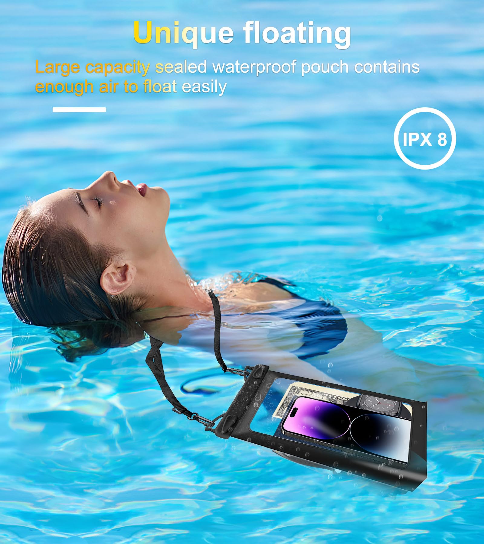 Universal Waterproof Phone Pouch - Floating Dry Bag for iPhone 15/14/13/12/11 Pro Max/XS/XR/X & Samsung Galaxy S24/S23/S22/S21 Plus/Ultra - Underwater Case with Lanyard for Swimming, Beach, Boating & Water Sports (Black)