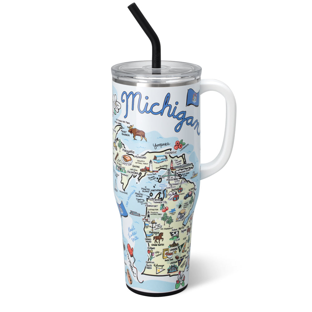 Michigan Mega Mug 40oz Large Insulated Tumbler with Lid and Straw - Perfect for Coffee, Tea, Cold Drinks at Home, Office or Outdoor Adventures