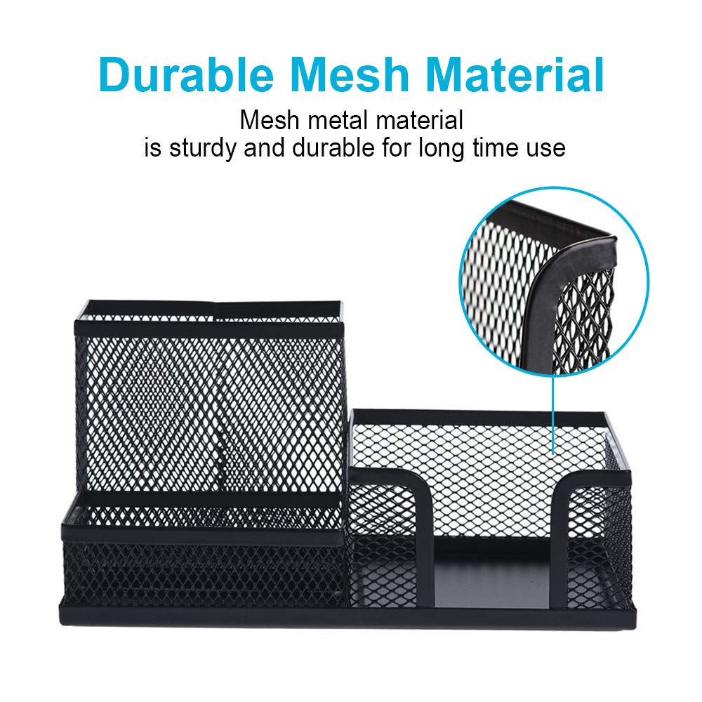 2-Pack Black Mesh Metal Pen Holder for Desk - Pencil Cup, Marker Organizer with Sticky Notes Holder - Perfect for Office, School, Home & Workspace Organization (Desk Caddy, Office Supplies)