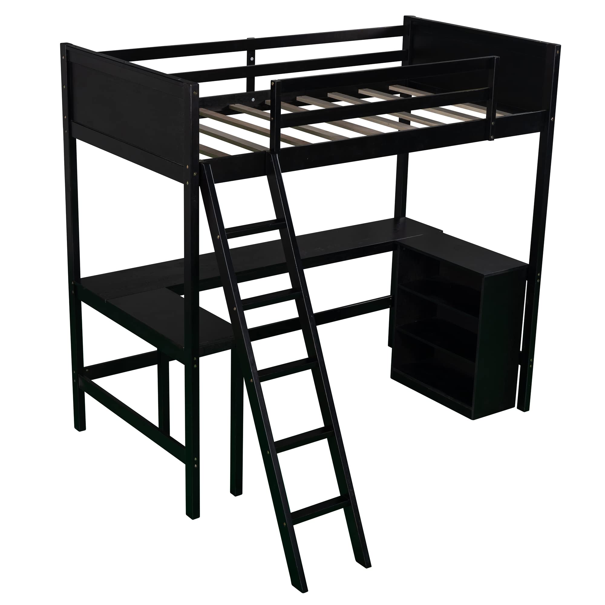 P PURLOVE Twin Size Wooden Loft Bed with Long Desk & Shelves - Space-Saving Kids & Teens Bed for Small Bedrooms, Dorms & Apartments - Perfect Study & Sleep Solution for Compact Living Spaces
