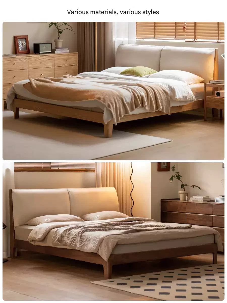 Solid Oak Wood Bed Frame with Soft Fabric Upholstered Headboard - Queen Size, Modern Minimalist Design for Bedroom, Guest Room, or Dorm
