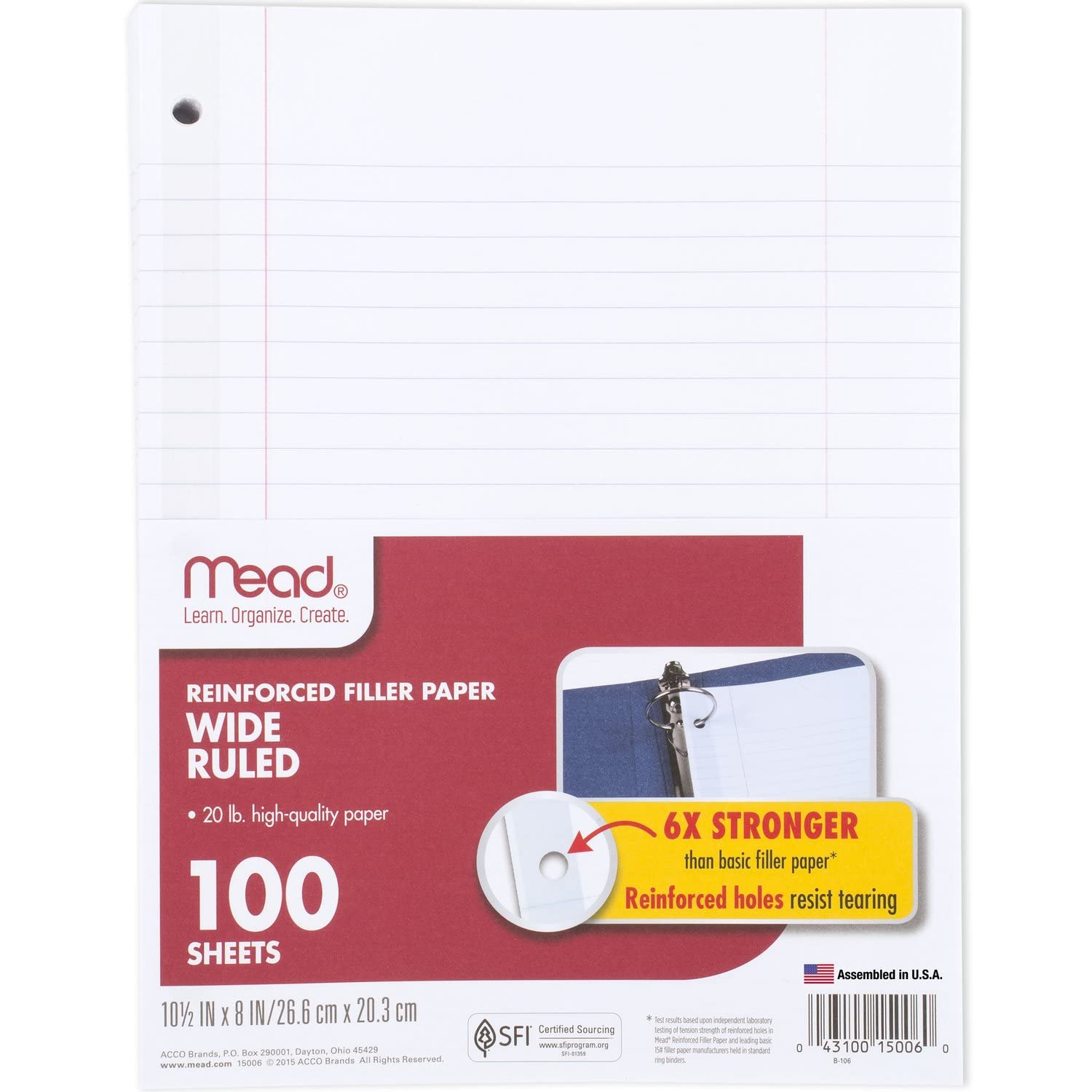 Mead Loose Leaf Paper - Wide Ruled Filler Paper Notebook Sheets, 8 x 10.5 Inches, 100 Sheets (15006) - Reinforced for Durability, Perfect for School, Office & Note Taking