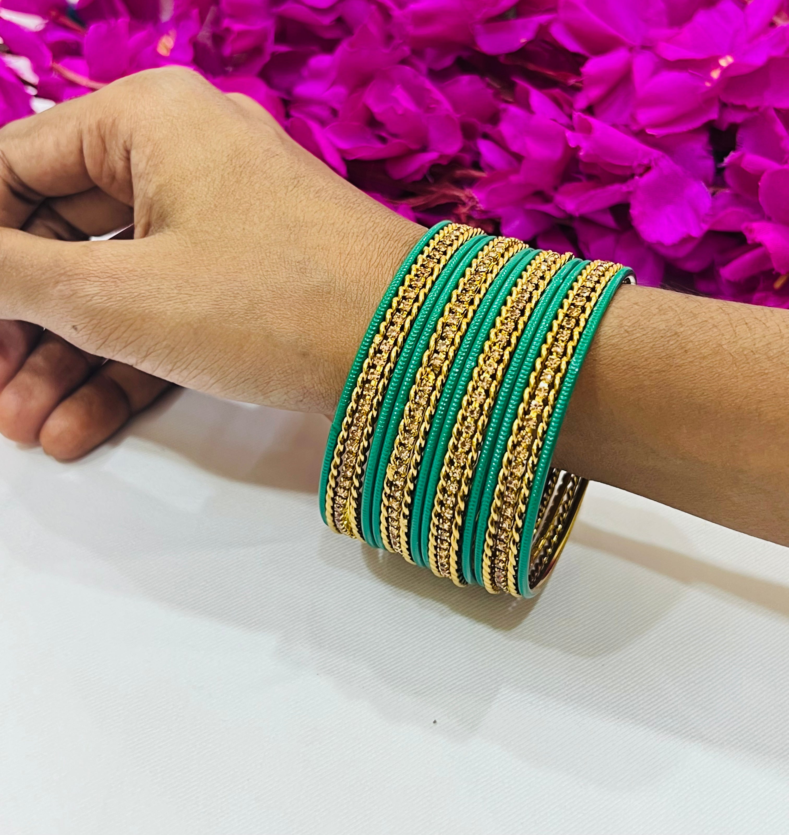 Elegant Light Green Metal Bangles with Sparkling Stones for Women - Perfect for Parties, Weddings & Everyday Fashion Accessories