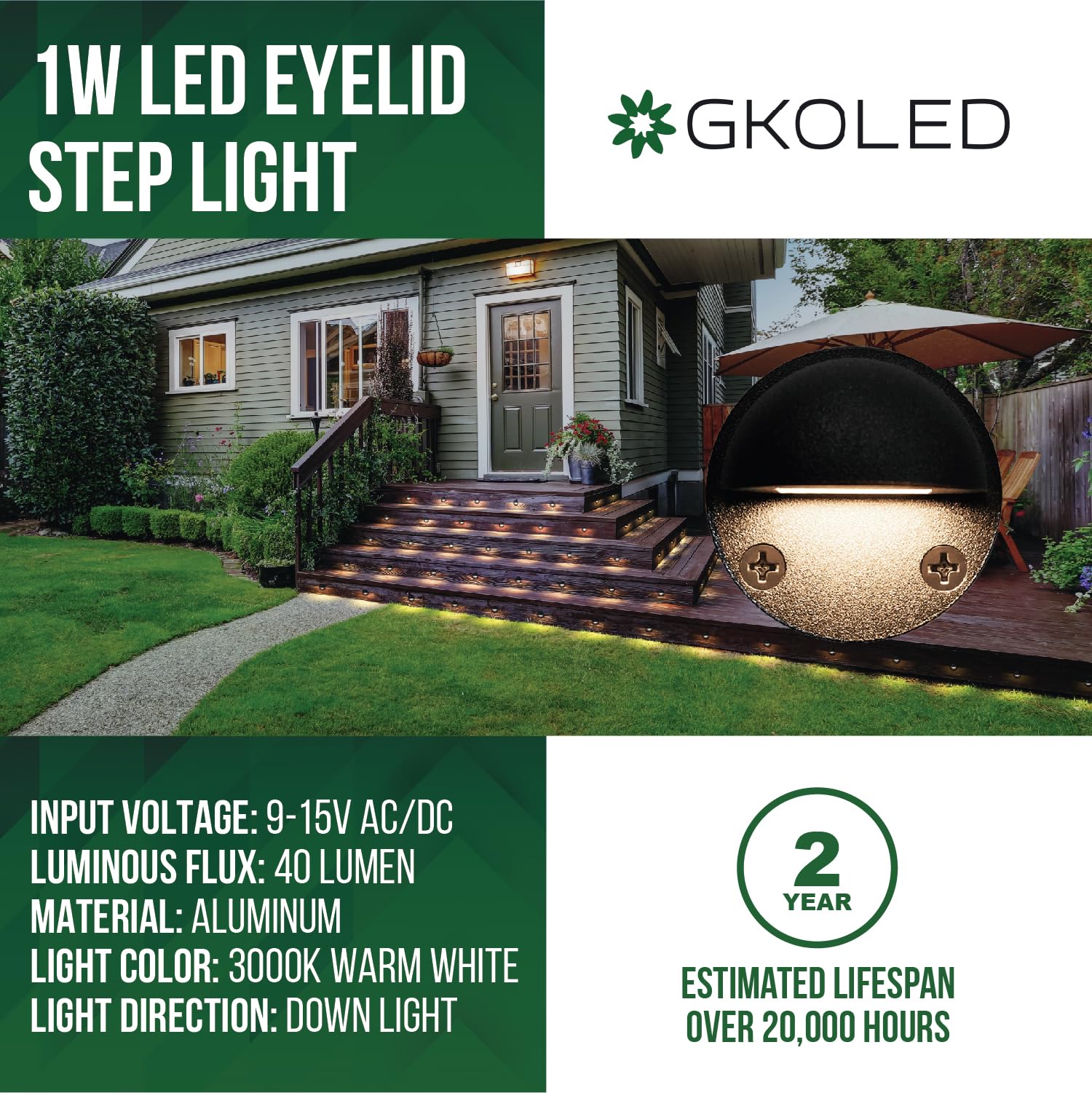 GKOLED 8-Pack Low Voltage LED Deck Lights - Mini Waterproof Step Lights with 0.8W Integrated LED Chips, 3000K Warm White, IP65 Rated Outdoor Lighting - Die-Cast Aluminum Black Powder Coated for Patio, Garden, Stairs, and Pathway Illumination