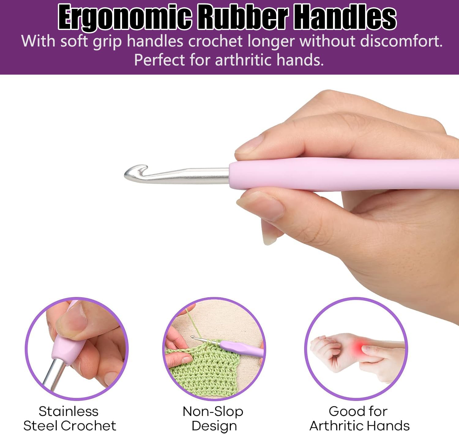 14-Piece Ergonomic Crochet Hooks Set with Soft Grip Handles - Smooth Knitting Needles Kit for Beginners & Adults - Arthritis-Friendly Crochet Needles for Women - Perfect for DIY Crafts, Blankets, Scarves & Home Decor Projects