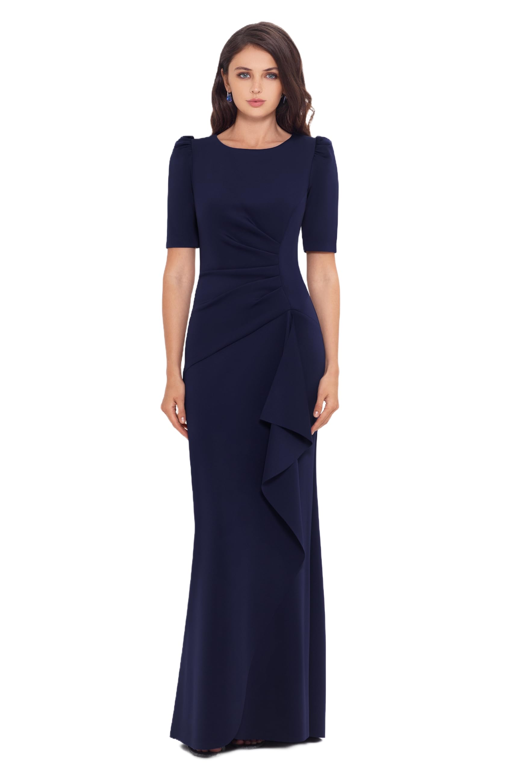 Xscape Women's 3/4 Sleeve Long Scuba Dress with Side Ruching - Slim Fit Bodycon Dress for Cocktail Parties, Date Nights & Special Occasions