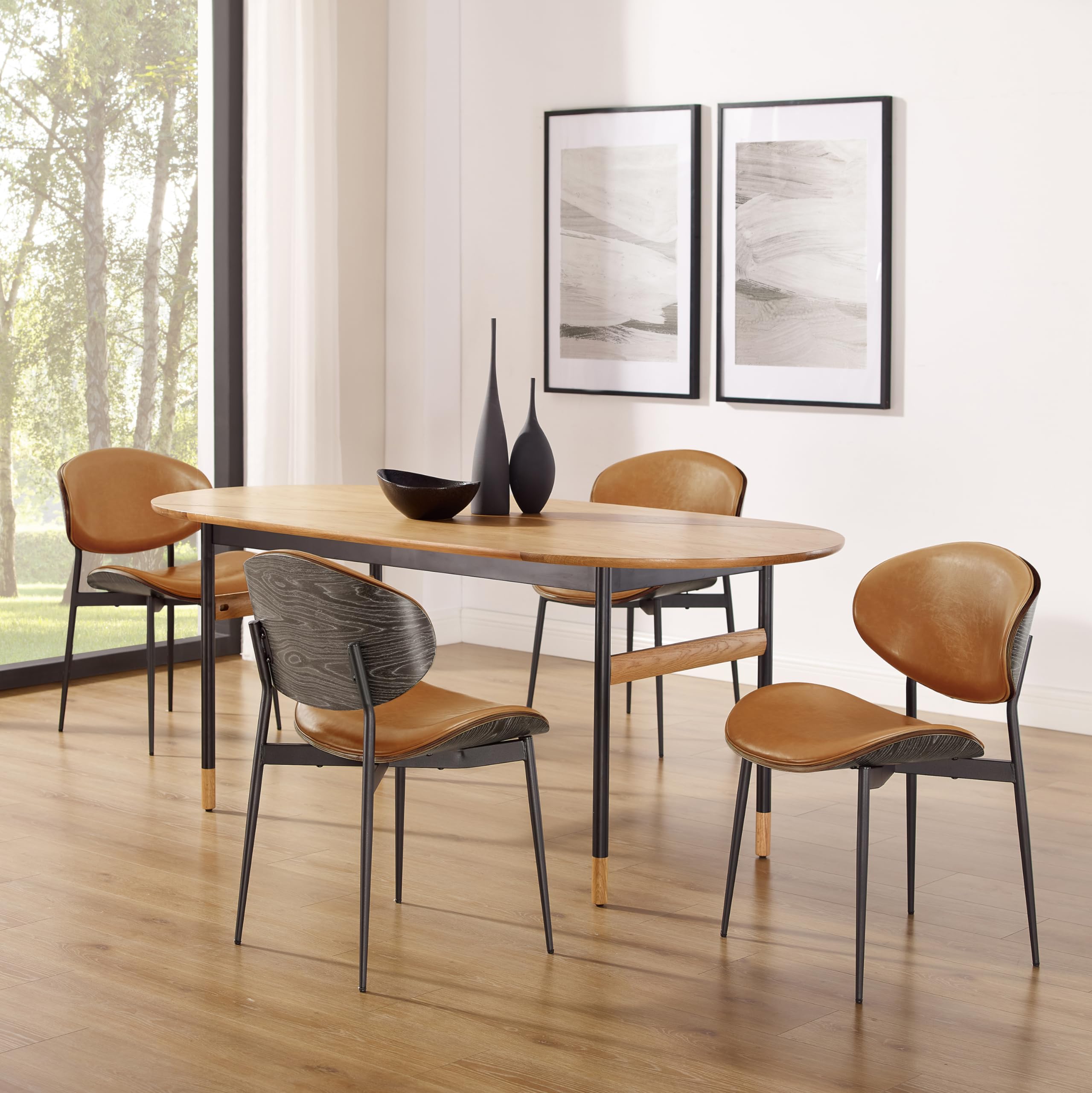 Art Leon Mid Century Modern Dining Chairs Set of 4 - Grey Oak Bentwood with Orange Faux Leather Upholstery & Black Metal Legs - Perfect for Kitchen, Dining Room or Bedroom Accent Chairs
