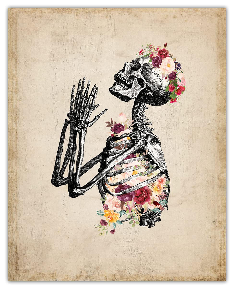 Vintage Floral Skeleton Wall Art - 8x10 Halloween Decor for Goth & Wiccan Homes