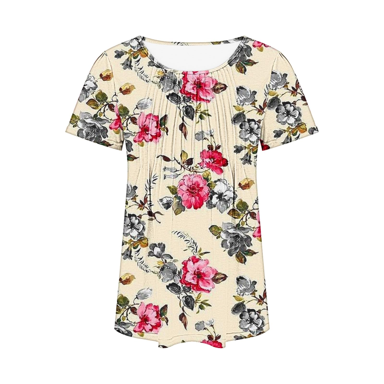 Women's Floral Pleated Scoop Neck Short Sleeve Blouse - Casual Summer Tunic Top for Ladies - Perfect for Office Wear, Date Nights & Weekend Outings