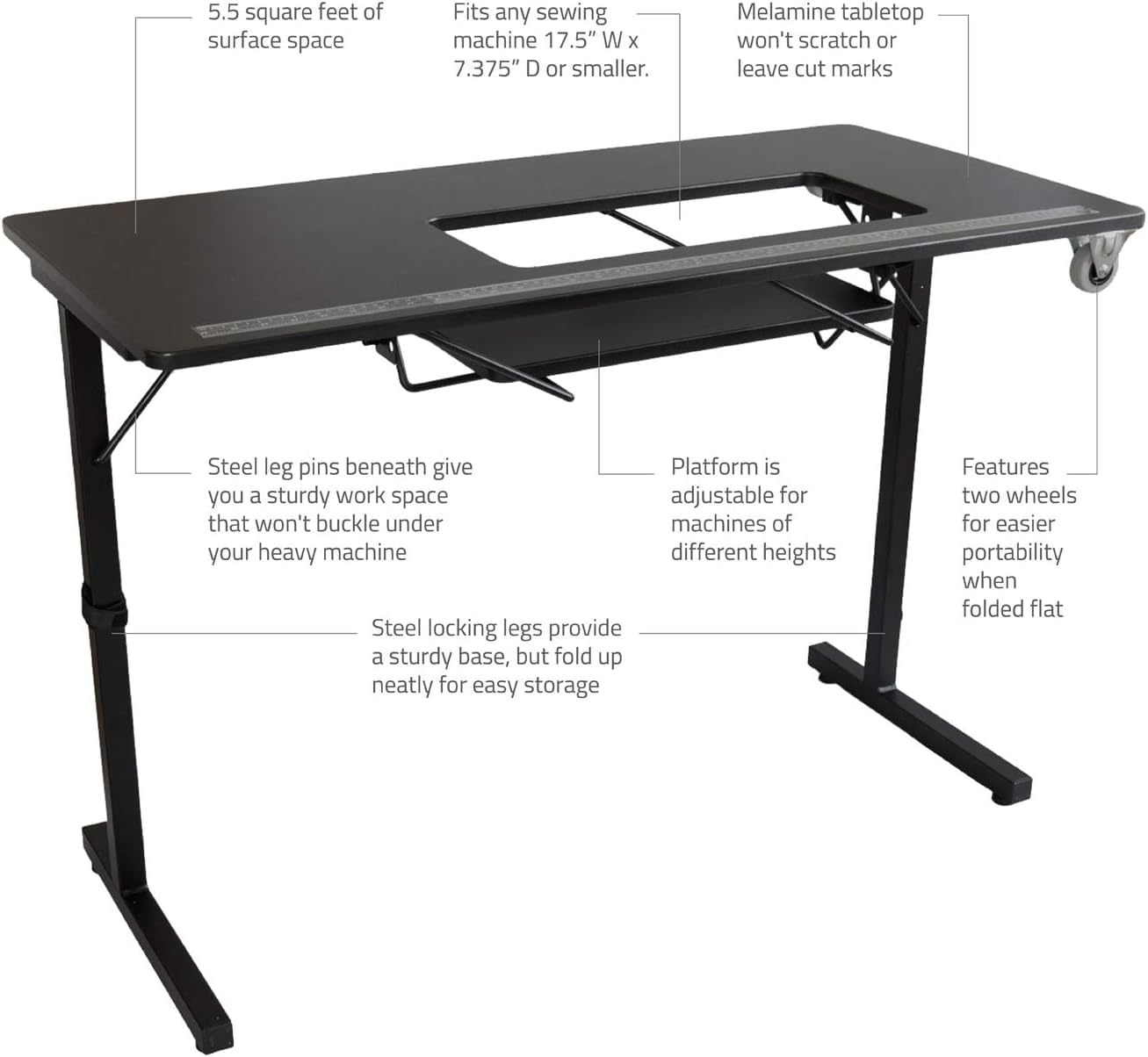 LUXOR SR-JTBAS-BLK Portable Folding Sewing Table with Steel Legs - Compact Sewing Station 101 for Quilting, Crafting & Home DIY Projects - Black Workspace Organizer