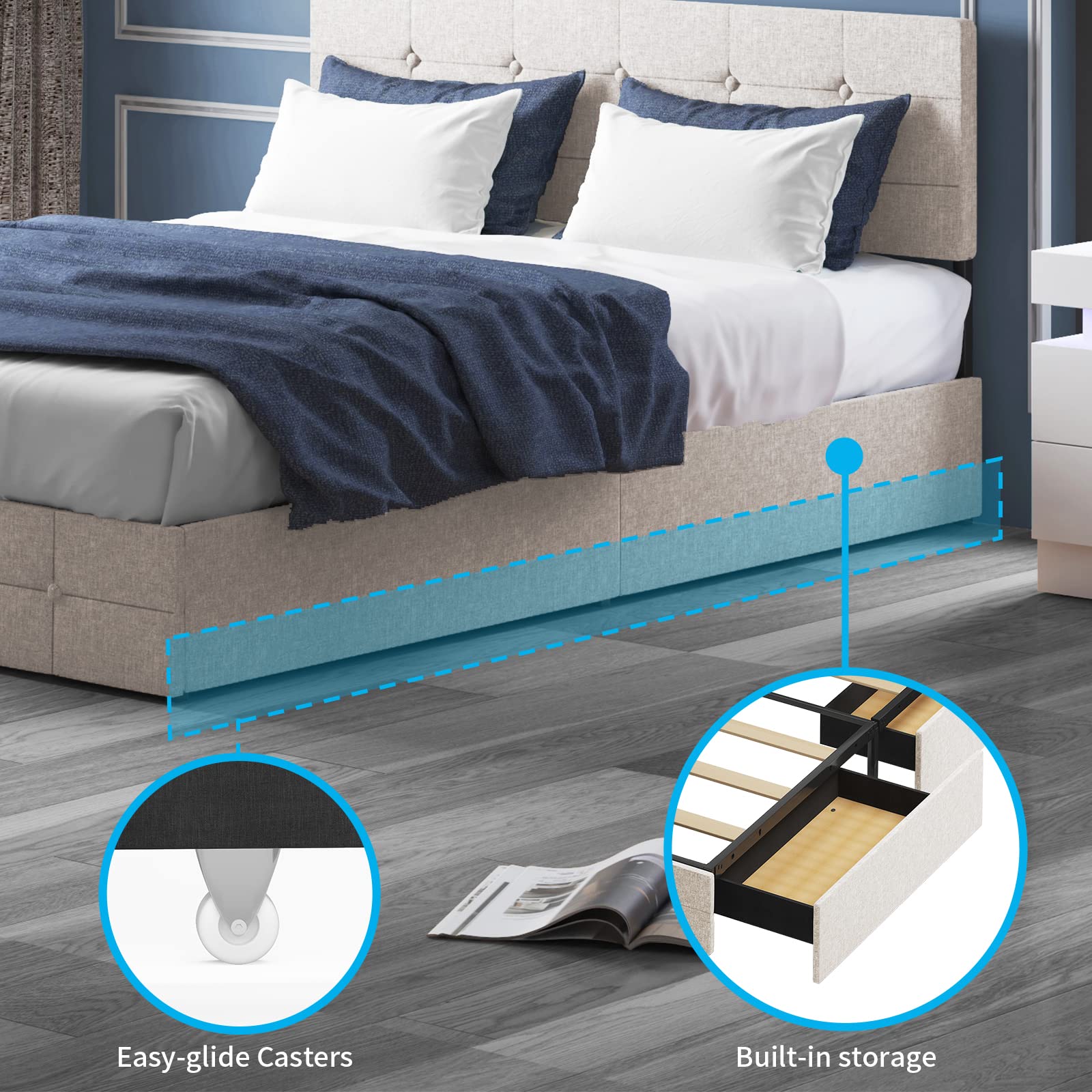 Mjkone Full Size Platform Bed Frame with 4 Storage Drawers - Beige Wooden Bed Frame for Small Spaces, Perfect for Apartments & Dorm Rooms
