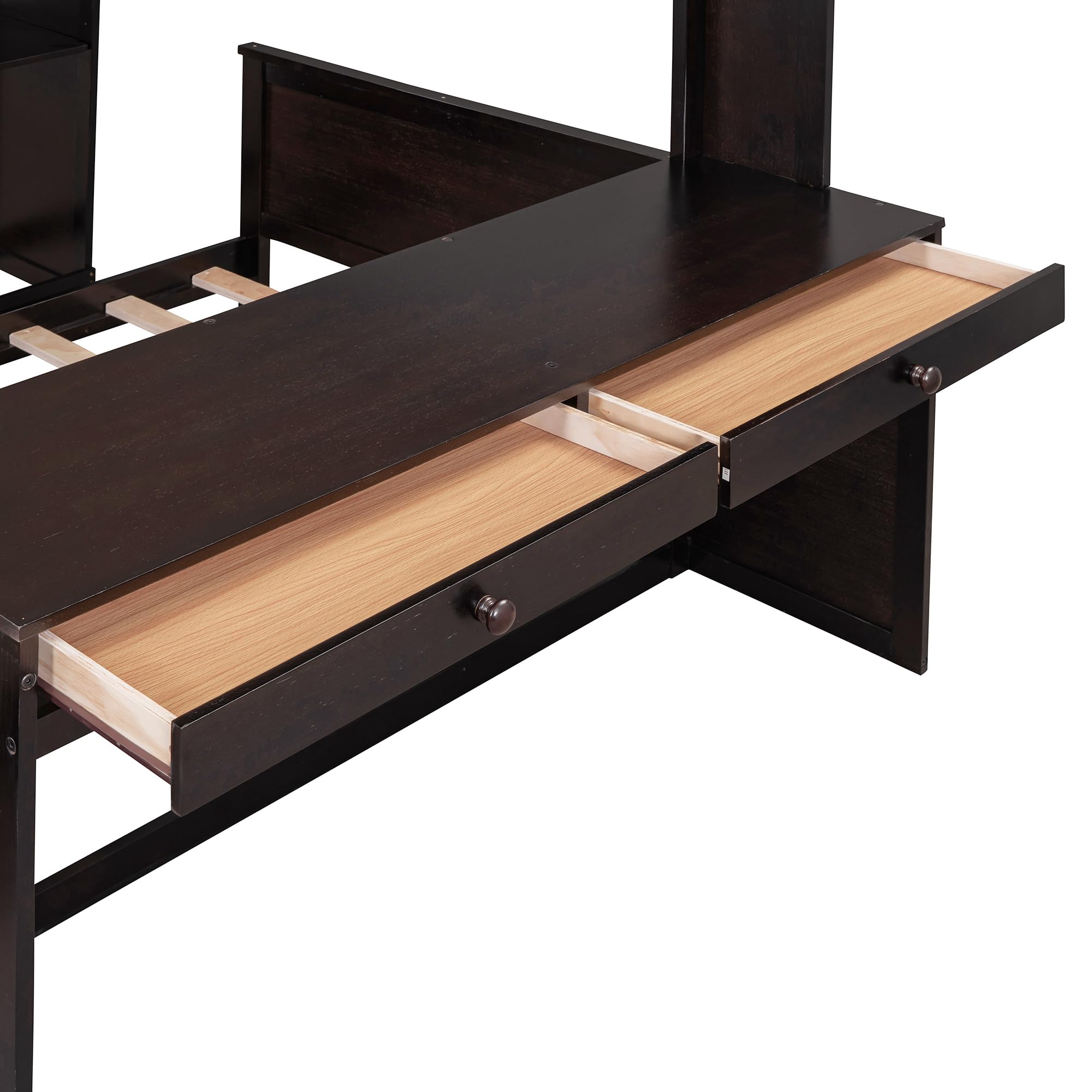 P PURLOVE Full Loft Bed with Desk for Kids - Twin Over Twin Bunk Bed with Wardrobe, Storage Drawers & Bookcase - Multifunctional Wooden Loft Bed Frame for Small Spaces - Perfect for Bedroom, Dorm Room or Kids' Room Organization