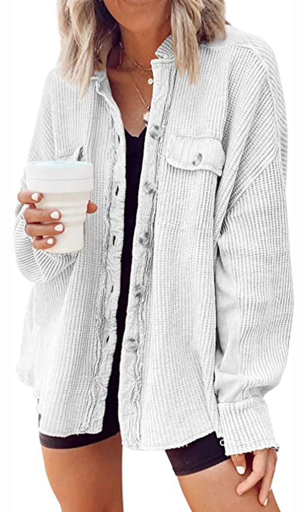 Loveimgs Women's Oversized Waffle Knit Shacket - Corduroy Long Sleeve Button Down Shirt Jacket for Fall | Casual Outfit, Layering Piece & Cozy Loungewear