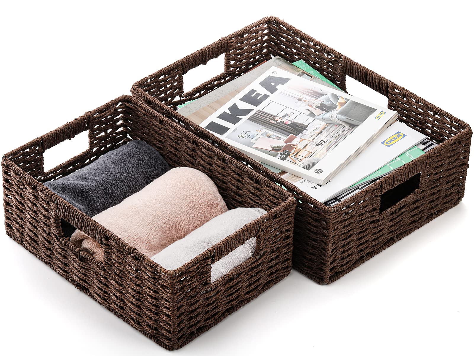 TOPZEA 2-Pack Brown Wicker Storage Baskets - Handwoven Paper Rope Shelf Organizer with Handle for Pantry, Kitchen, Bathroom & Coffee Bar | Perfect for Home Organization, Closet Storage & Decorative Shelving