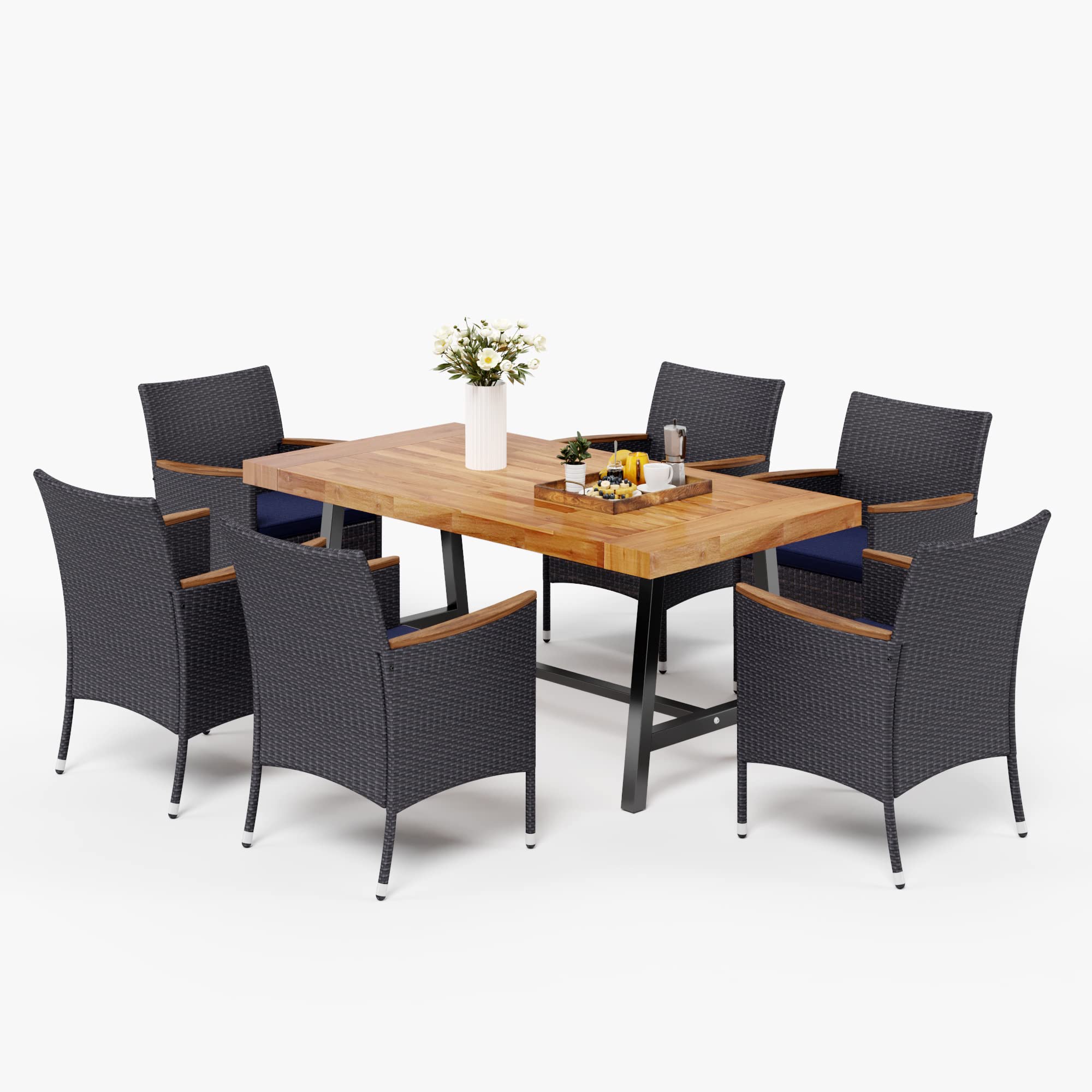 MFSTUDIO 7-Piece Outdoor Patio Dining Set for 6 - Acacia Wood Rectangular Table & Rattan Chairs - Brown Wicker Furniture for Backyard, Garden, Poolside or Terrace (Includes Solid Wood Table & 6 Cushioned Chairs) - Perfect for Outdoor Entertaining & Al Fresco Dining
