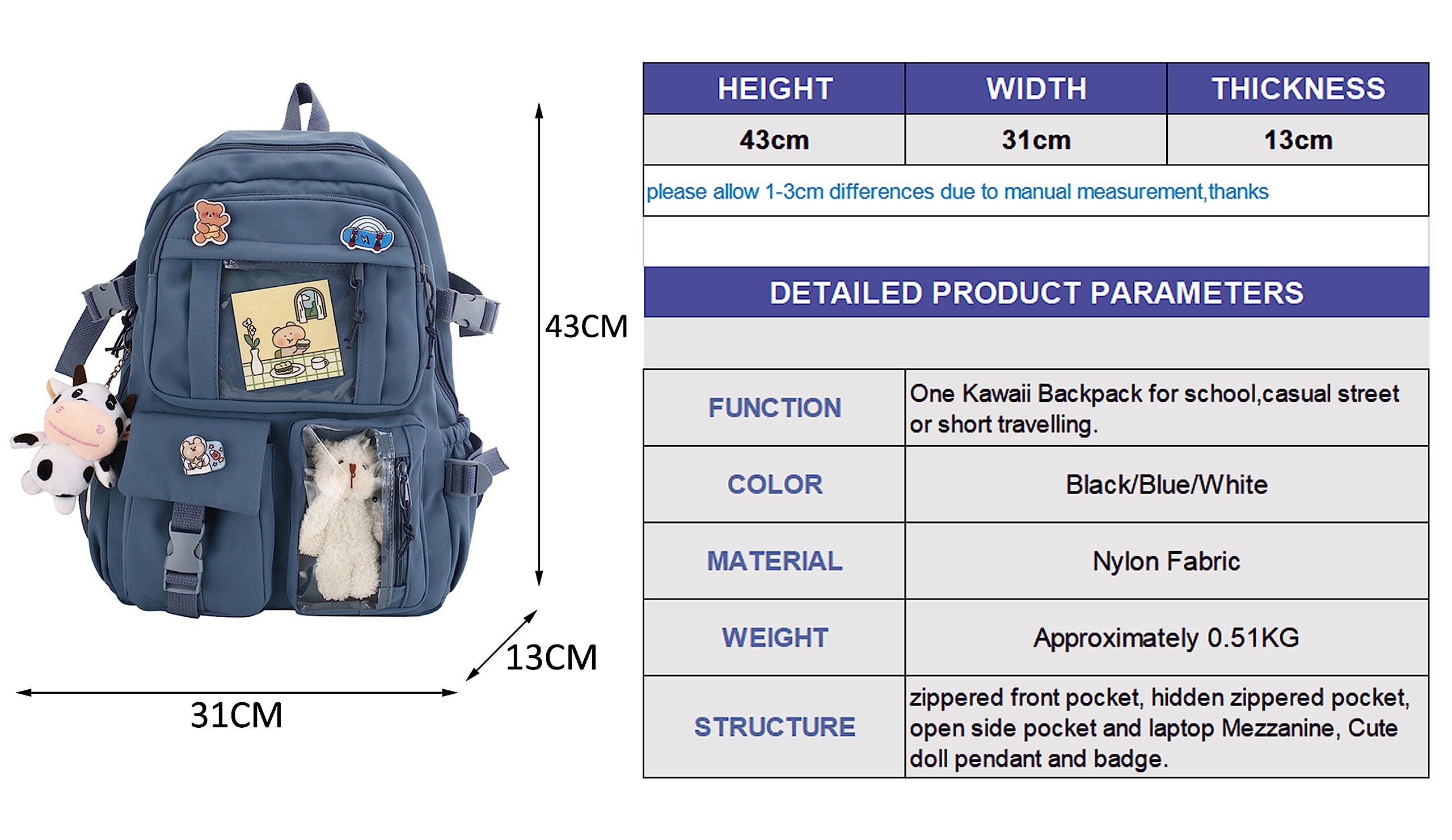 Cute Kawaii Backpack with Plush Pendant & Pins - Aesthetic School Backpack for Girls, Teens, College - Perfect for School, Travel, and Everyday Use