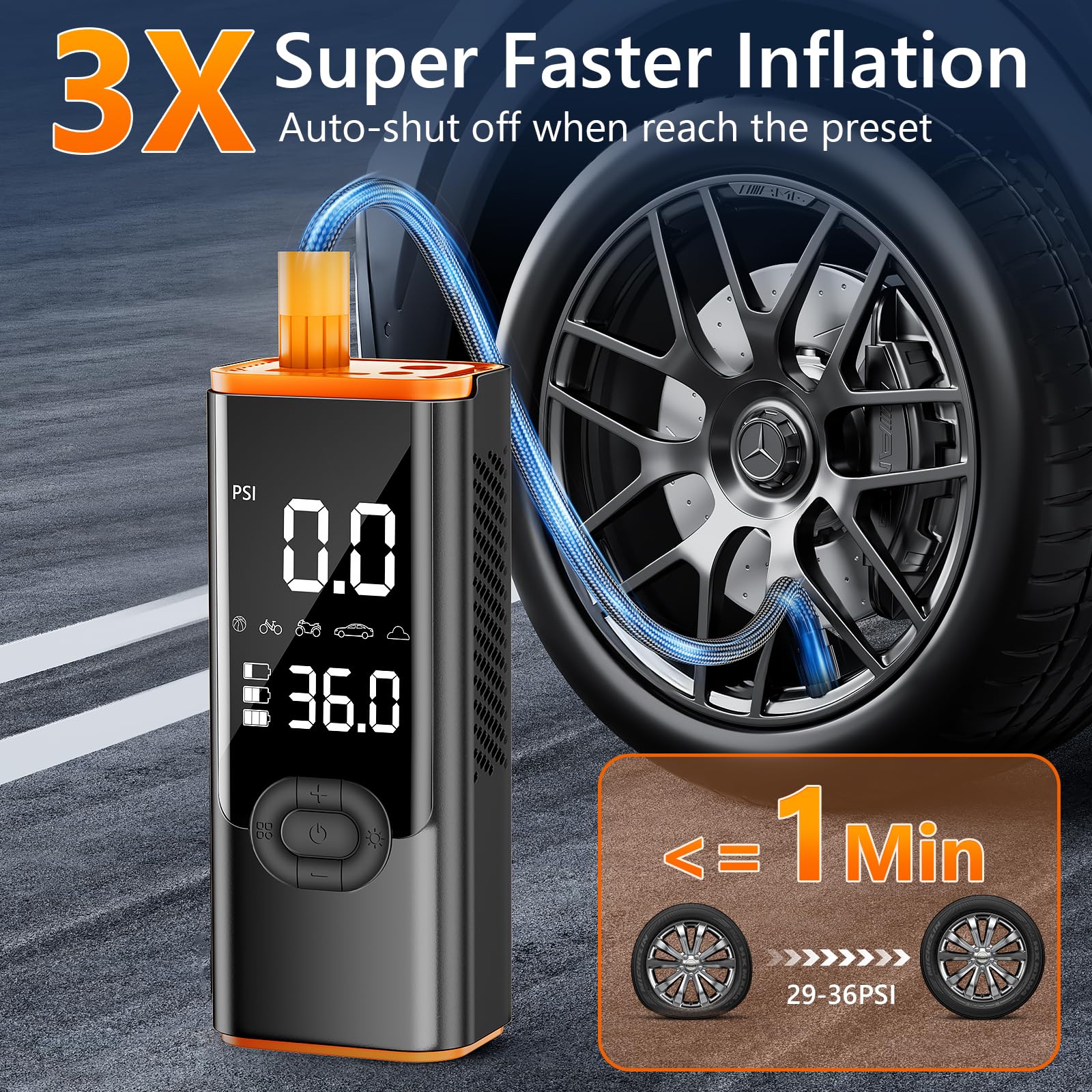 180PSI Portable Tire Inflator Air Compressor with 25000mAh Battery - Digital Tire Pressure Gauge for Cars, Motorcycles, Bikes - Quick One-Click Inflation for Road Trips, Camping & Emergency Use