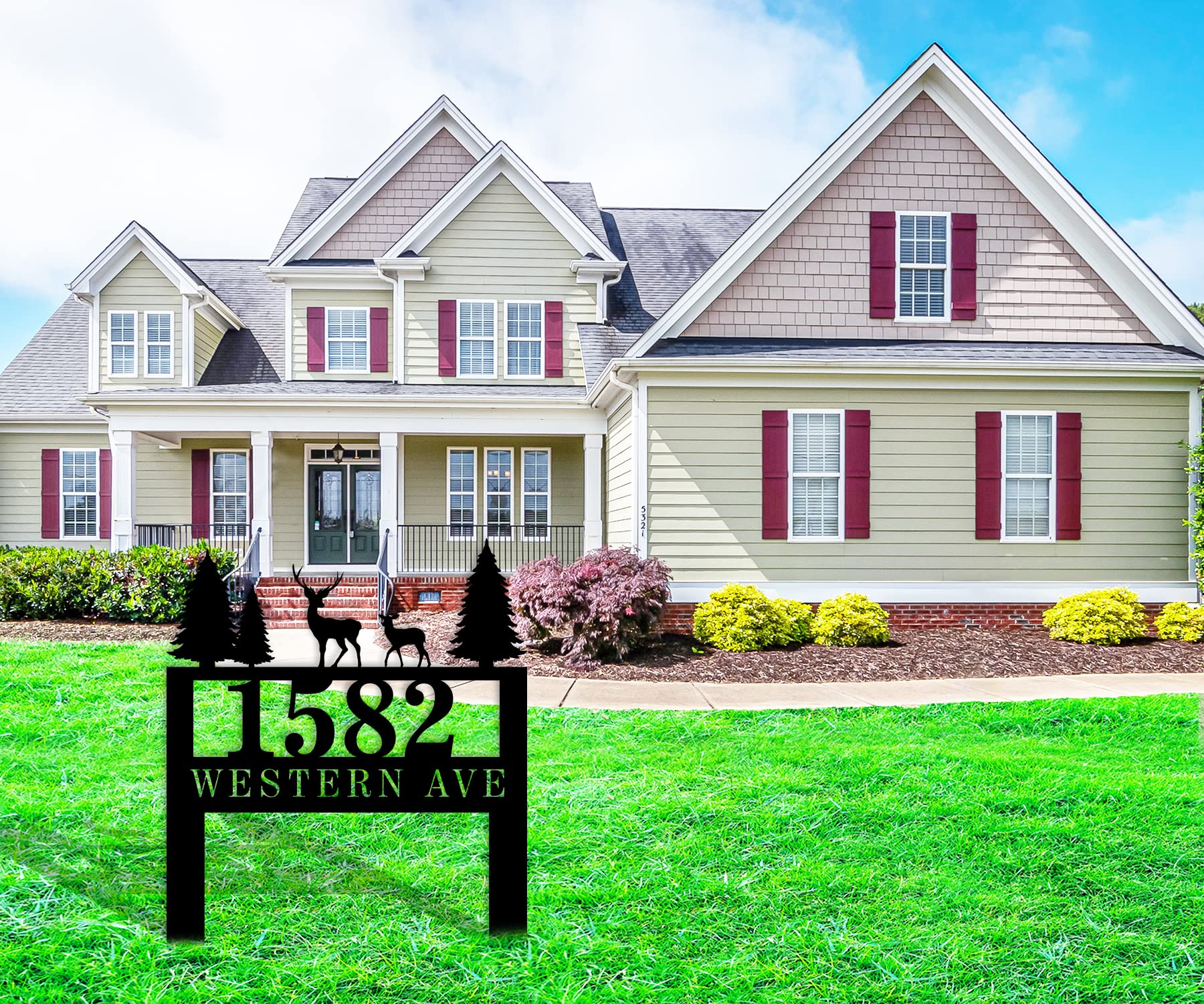Personalized Modern Metal House Numbers for Outside - Custom Address Plaque with Deer & Stakes - Durable Yard Sign for Home, Garden & Mailbox Decoration