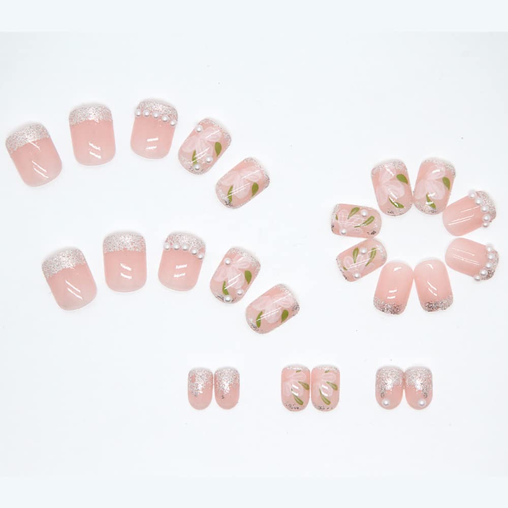 Pink Flower Press on Nails Short Fake Nails with White Pearl Design - Glossy Coffin Artificial Nails for Women & Girls (24PCS) - Perfect for Summer, Parties, Weddings & Everyday Wear