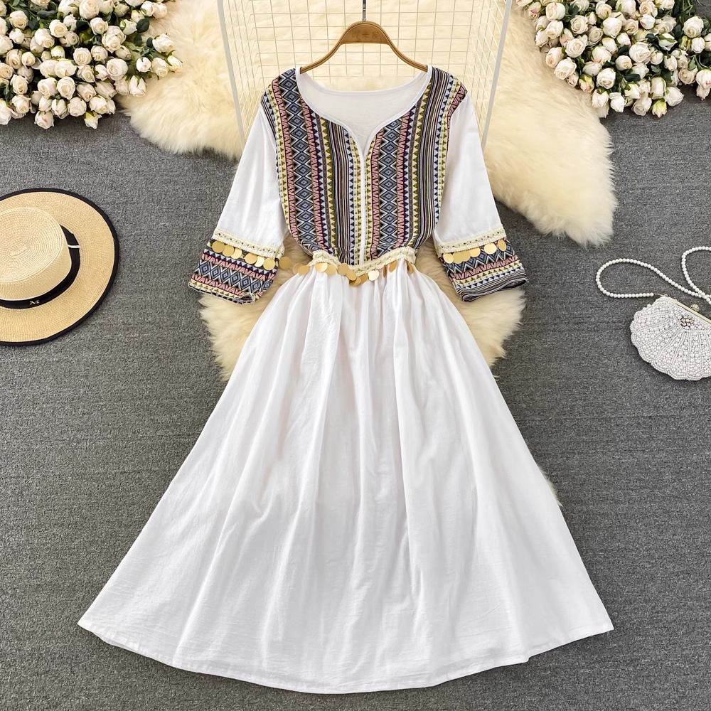 Bohemian High Waist V-Neck Embroidered Summer Dress for Women - Perfect for Beach Vacations, Music Festivals & Boho Chic Outfits