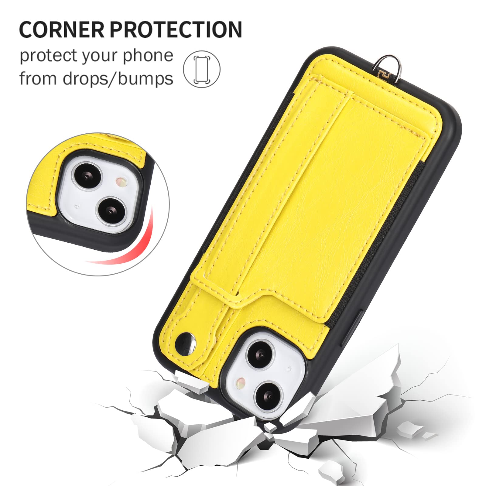TOOVREN iPhone 13 Wallet Case with Card Holder & Stand - PU Leather Protective Phone Cover with Lanyard for Women & Men (6.1 Inch, Yellow) - Perfect for Travel, Shopping & Everyday Use