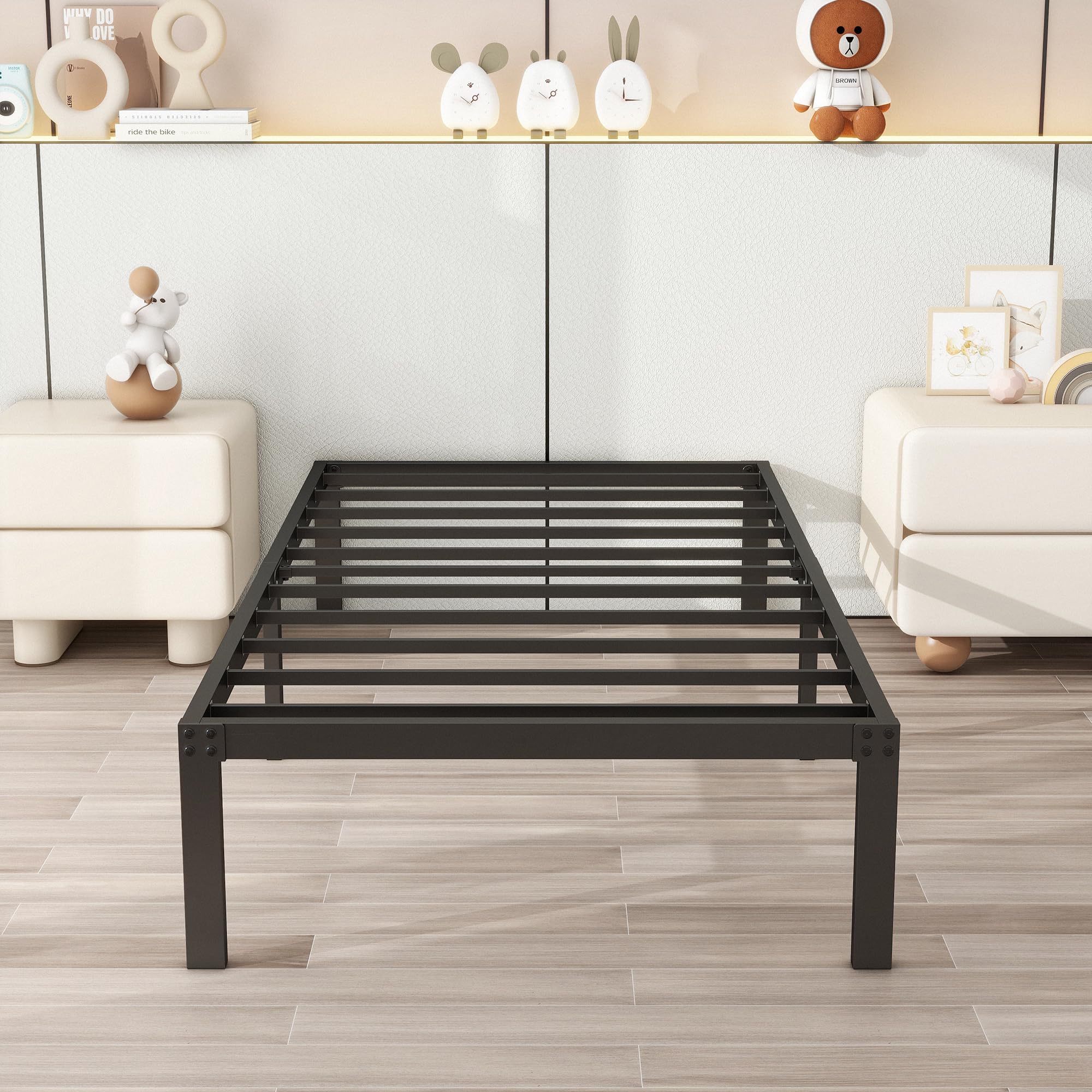 14 Inch Twin Bed Frame - Heavy Duty Metal Platform Bed with Storage, No Box Spring Needed, Double Reinforcement & Noise Free - Textured Black - Perfect for Kids, Teens, Guest Rooms & Small Spaces