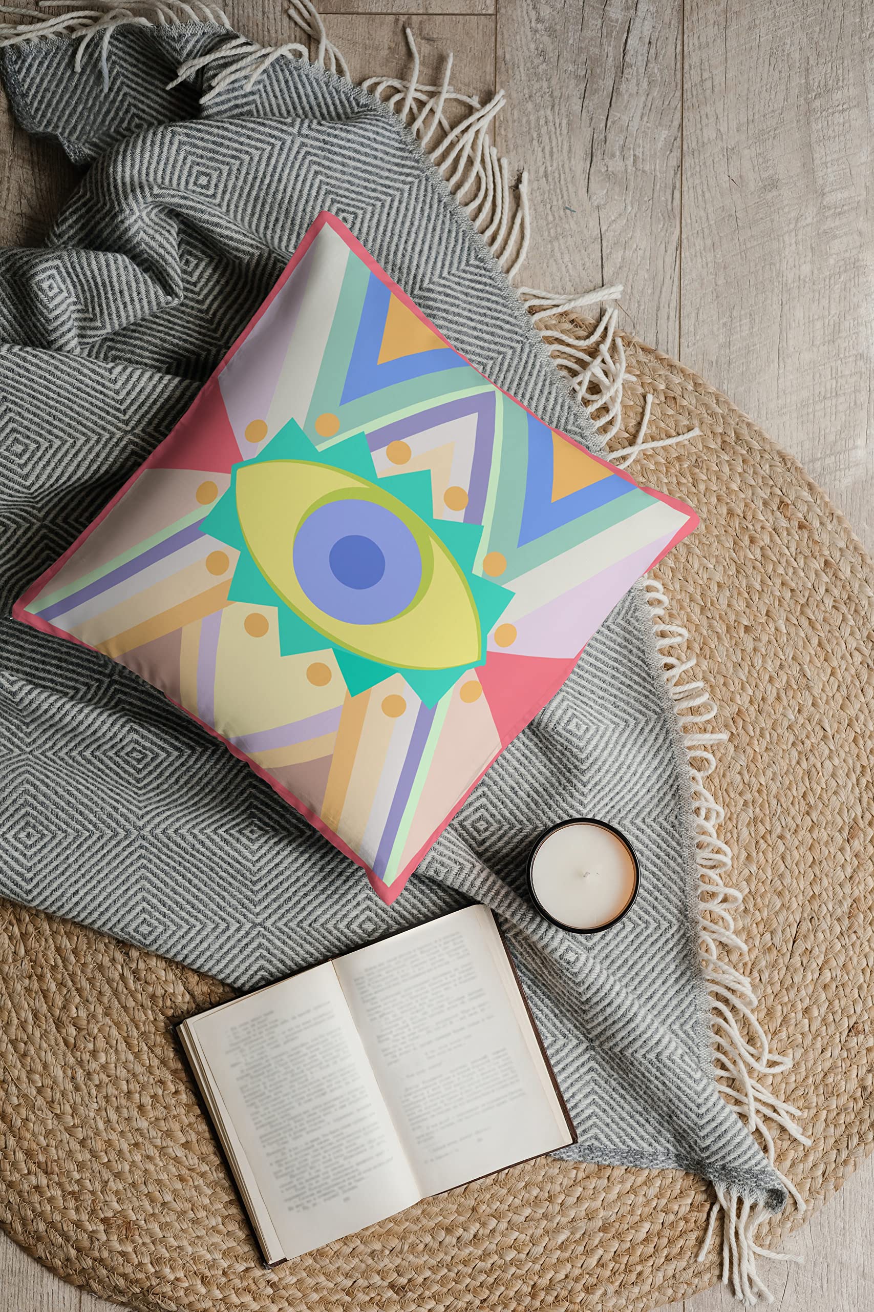 Boho Pillow Cover - Daphne & Sugar Decorative Throw Pillow Case with Turkish Evil Eye Design, Modern Farmhouse & Bohemian Home Decor for Living Room, Bedroom, or Nursery