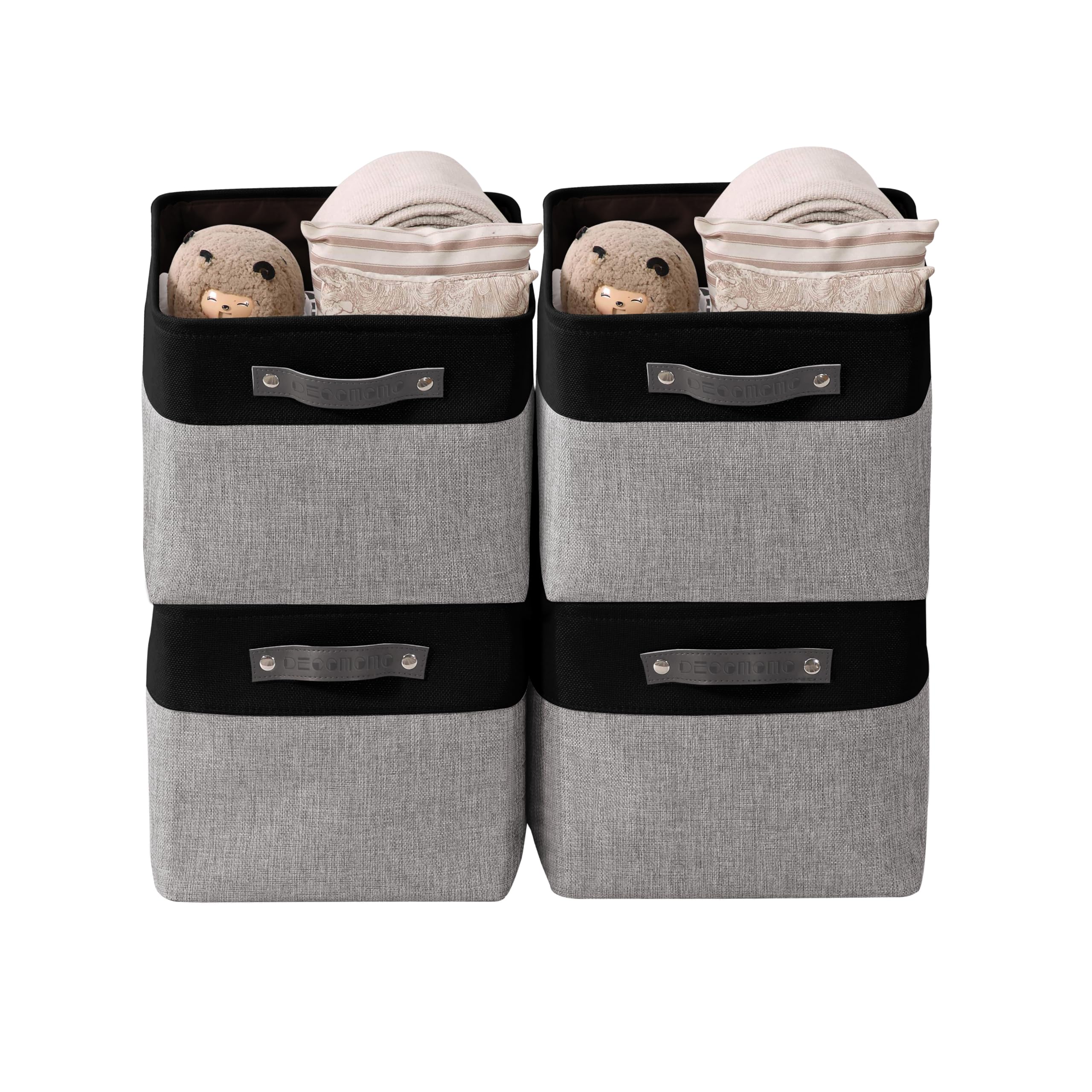 DECOMOMO Fabric Storage Bins - Large 4-Pack Grey & Black Storage Baskets for Shelves, Closet Organization, Toys, Nursery - Perfect for Home, Office & Kids Room Storage Solutions