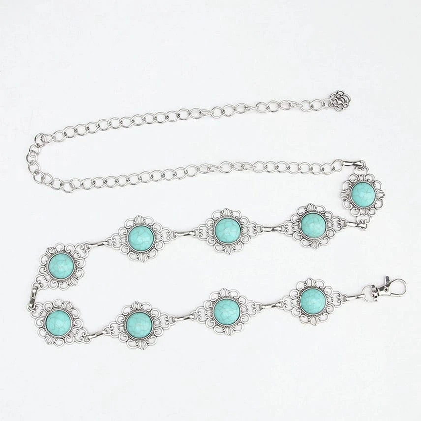 Stylish Turquoise Detail Silver Chain Belt for Women - Boho Fashion Accessory for Jeans, Dresses & Summer Outfits
