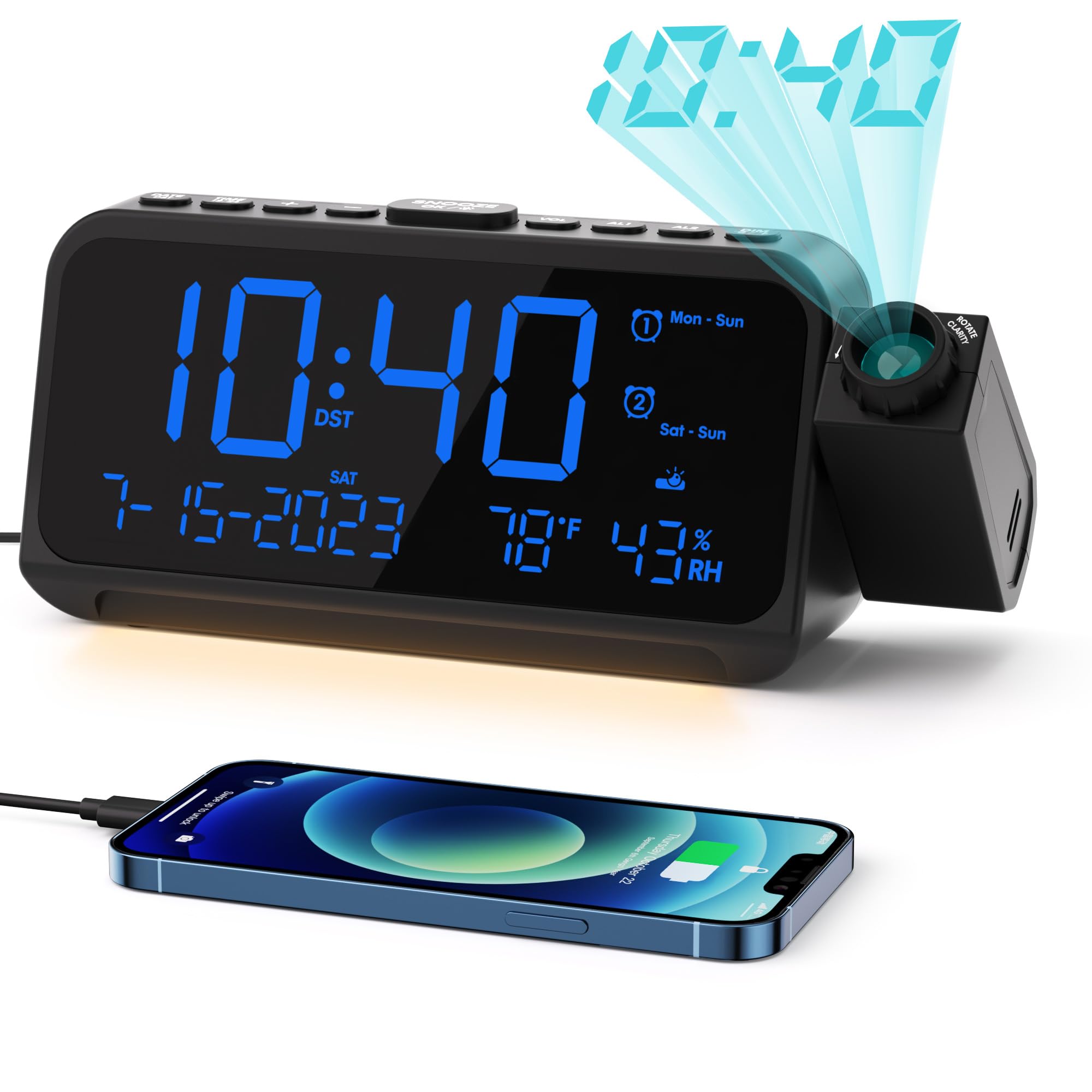 ROCAM Digital Projection Alarm Clock with Ceiling/Wall Display - 5-Level Dimmer, Dual Alarm (Weekday/Weekend Mode), Snooze, Temperature Display & USB Charging Ports | Perfect for Bedrooms, Home Offices & Nightstands